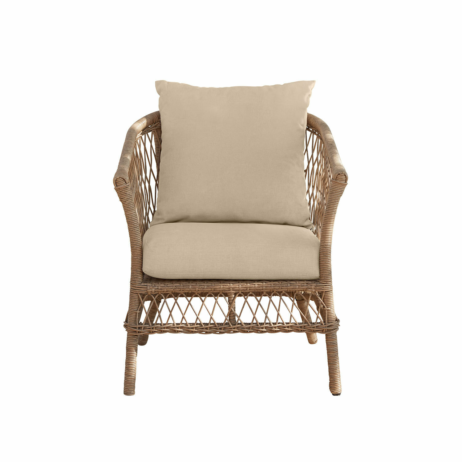 Sessel Farington Rattansessel mit beigen Kissen, Naturmaterial, ideal für Wohn- und Gartenbereich
