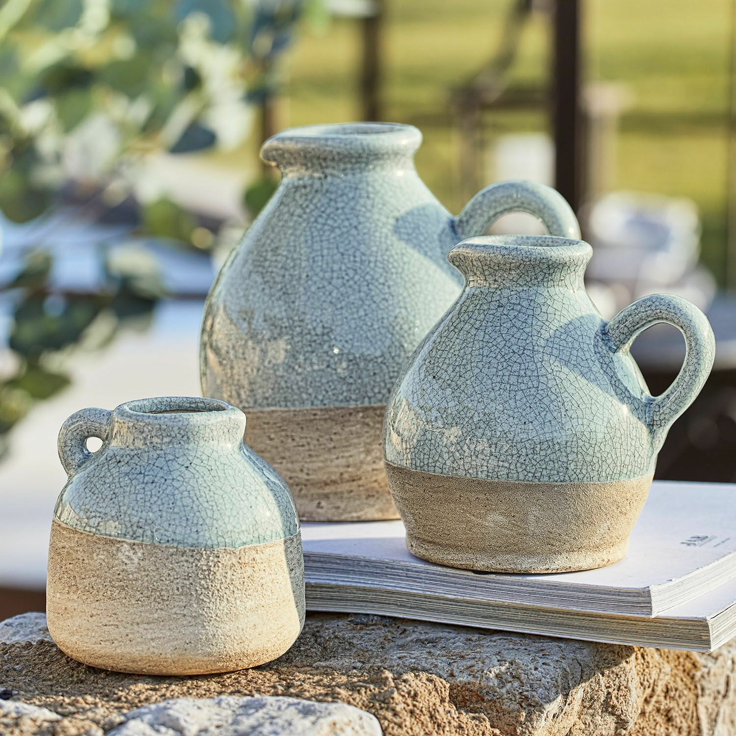 Vase 3er Set Lezíria Set aus drei blau-beigen Keramikvasen mit Rissglasur, dekorative Tischdekoration