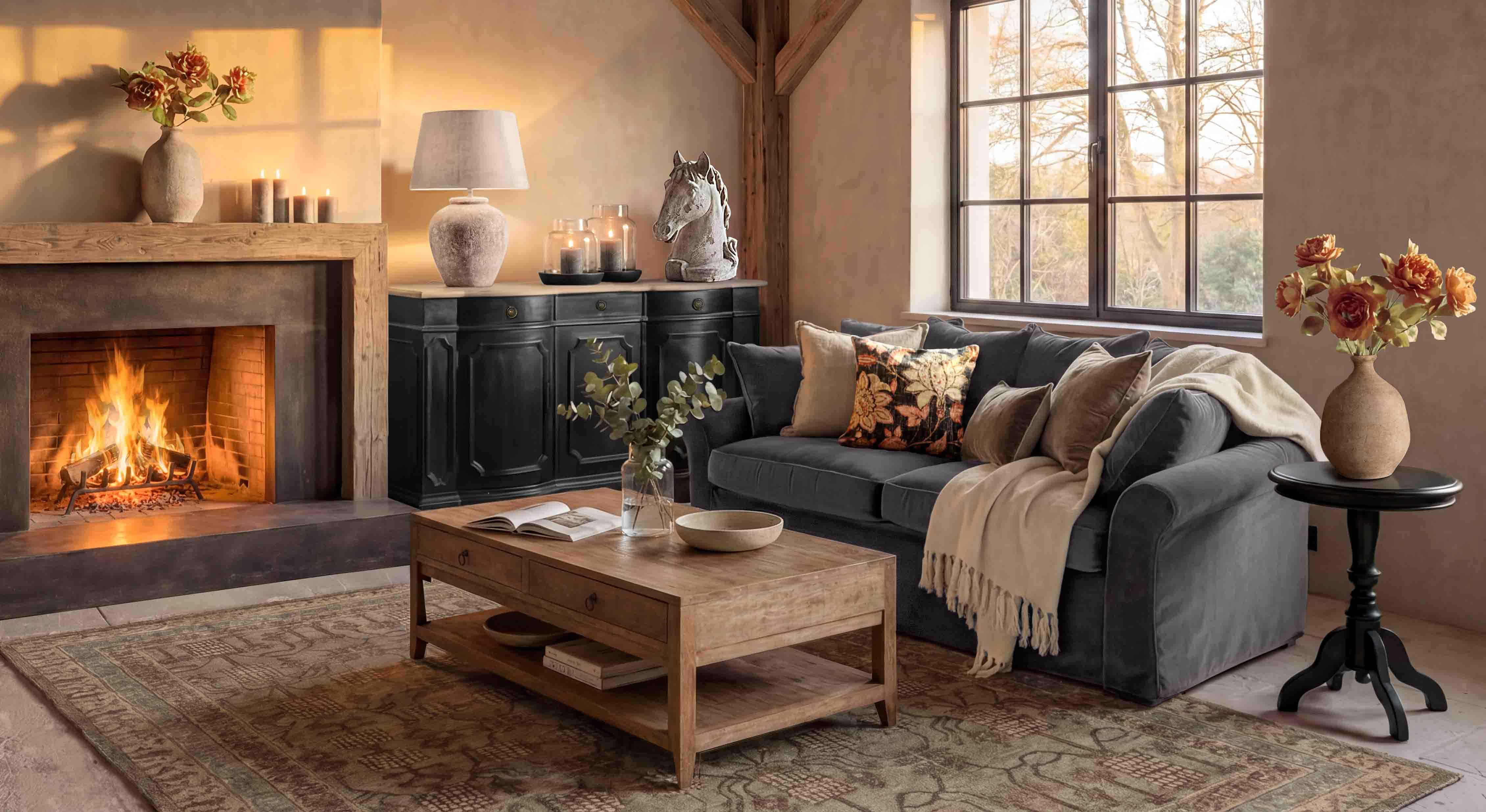 Gemütliches Wohnzimmer mit Cheminée, grauem Sofa und Holzcouchtisch auf Vintage-Teppich