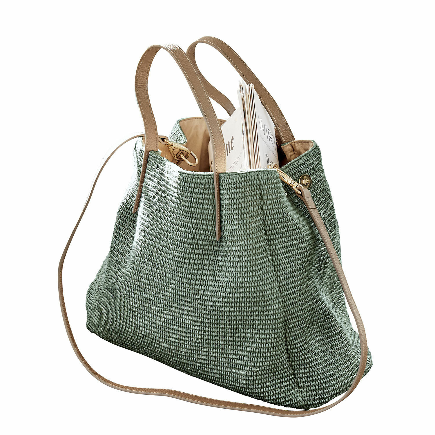 Grüne Tasche aus gewebtem Material mit beigen Griffen und Schulterriemen, geräumig und modisch
