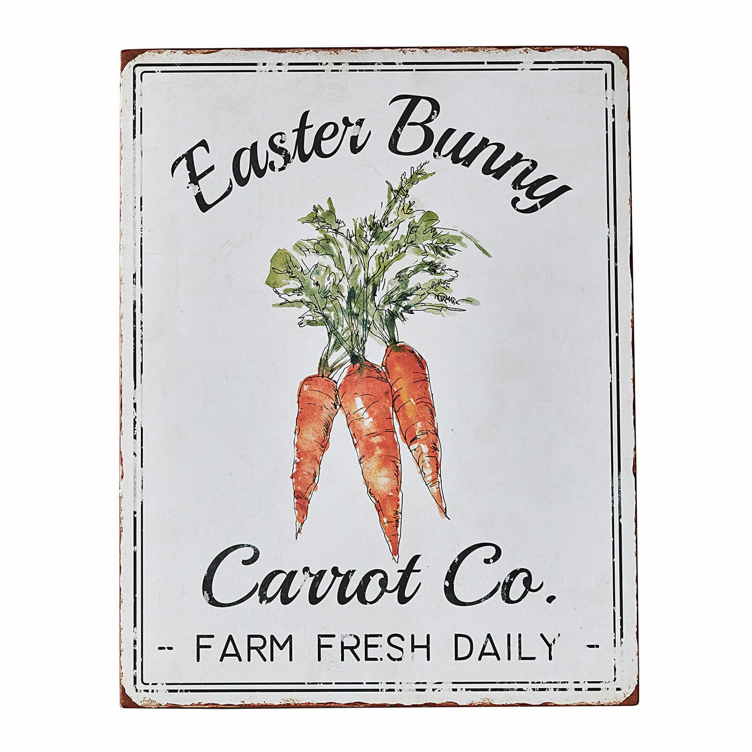 Deko-Schild Gimont Metall-Werbeschild mit Karottenmotiv und Schriftzug Easter Bunny Carrot Co. in Weiss.