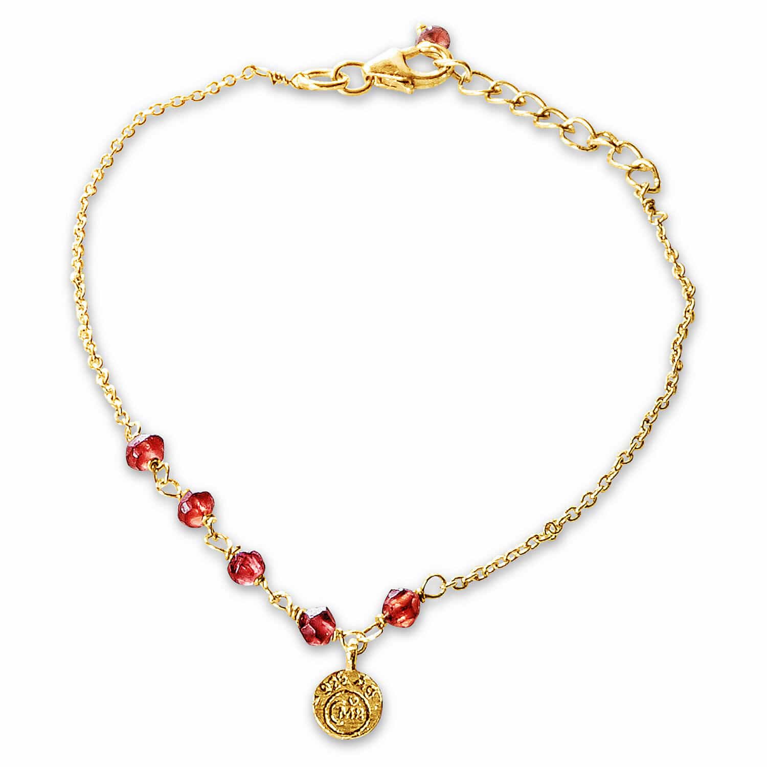 Feines goldenes Armband mit roten Steinen und dekorativem Medaillon, Damenschmuck
