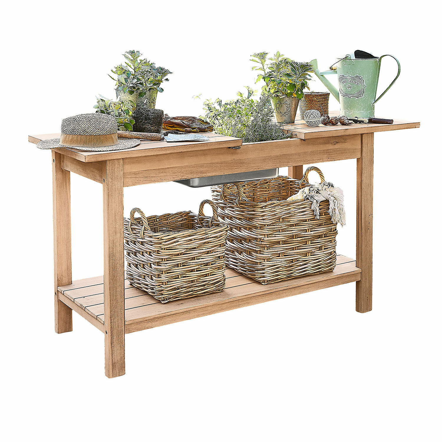 Pflanztisch FSC®-100% Venzone Gartentisch aus Holz mit Weidenkörben und grünen Pflanzen, ausgestattet mit Gartengeräten.