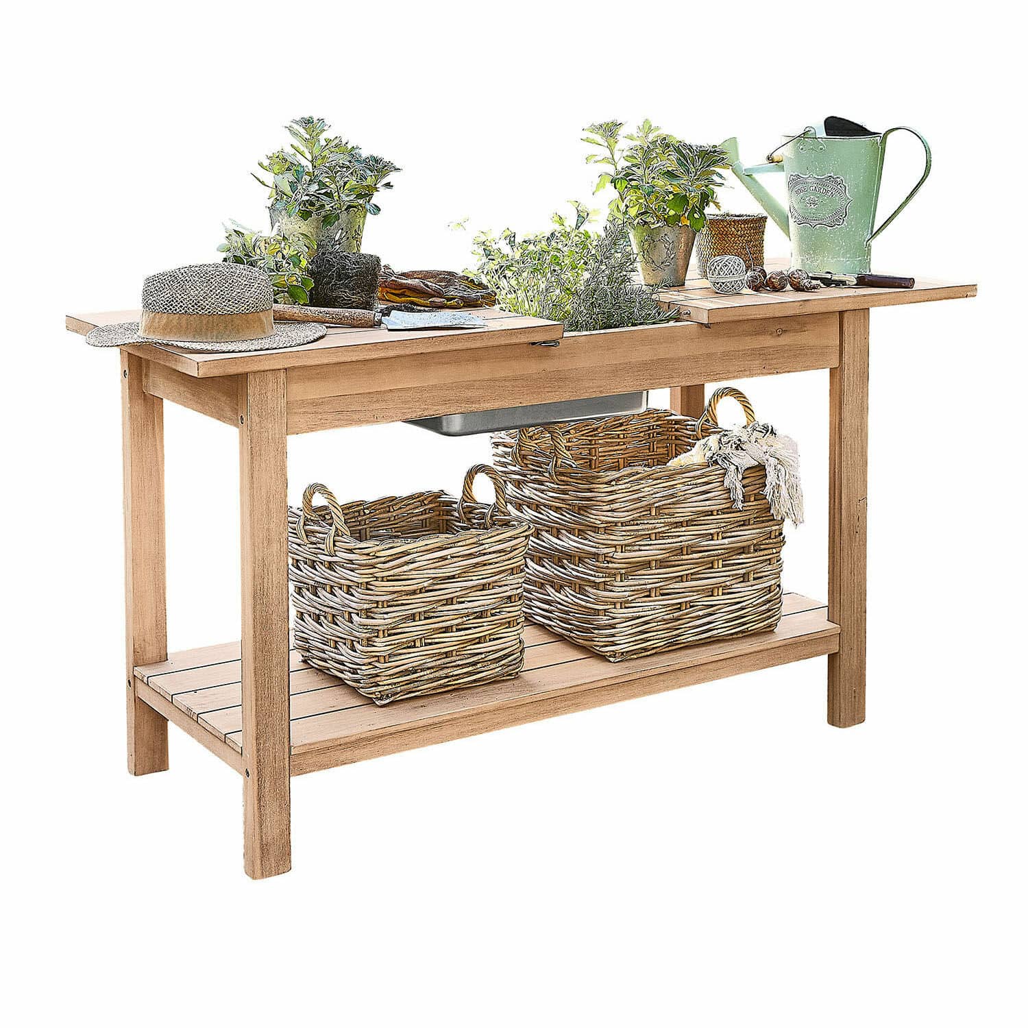Pflanztisch FSC®-100% Venzone Gartentisch aus Holz mit Weidenkörben und grünen Pflanzen, ausgestattet mit Gartengeräten.