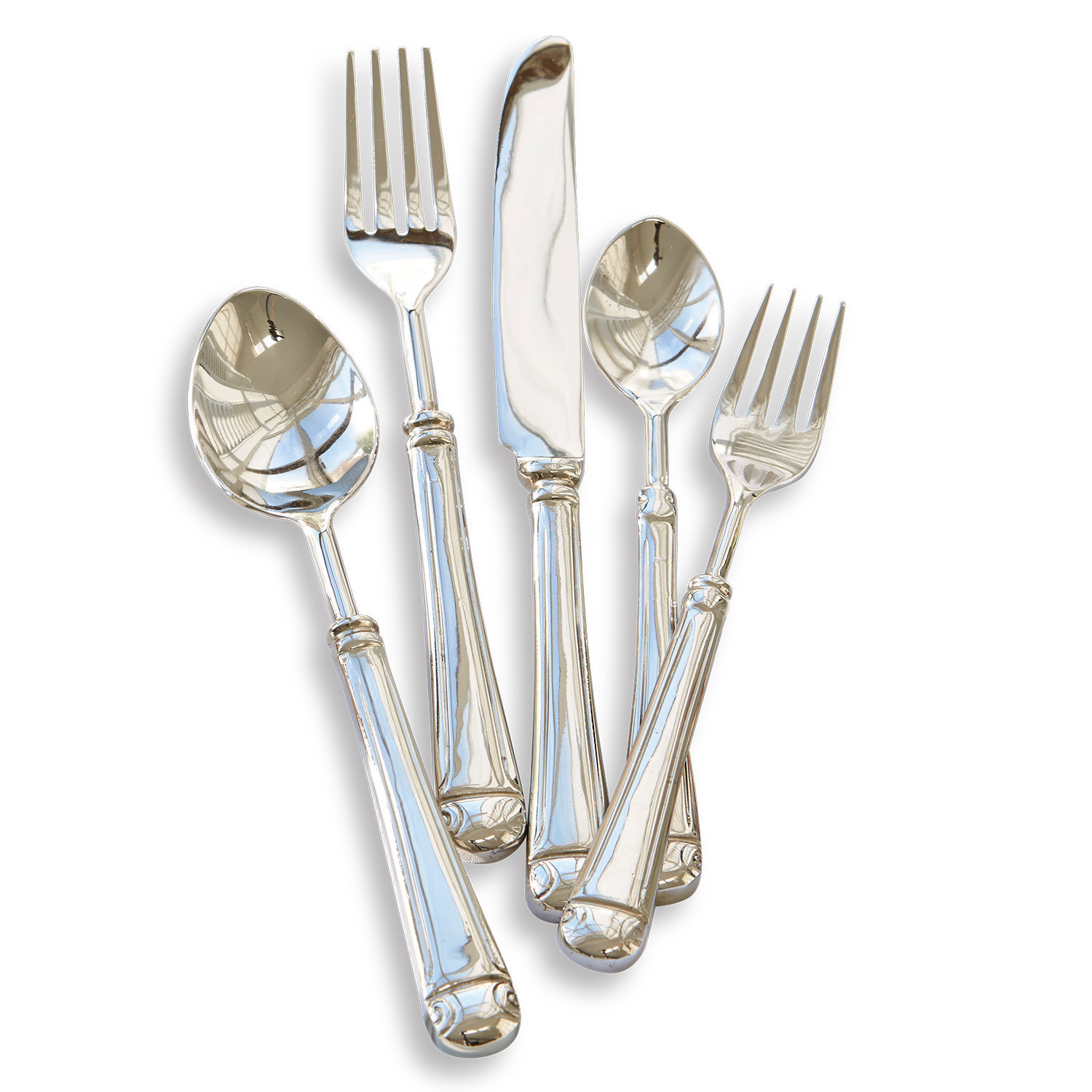 Besteck Eriat Set aus silberfarbenem Edelstahlbesteck auf weissem Hintergrund, elegante Küchenutensilien