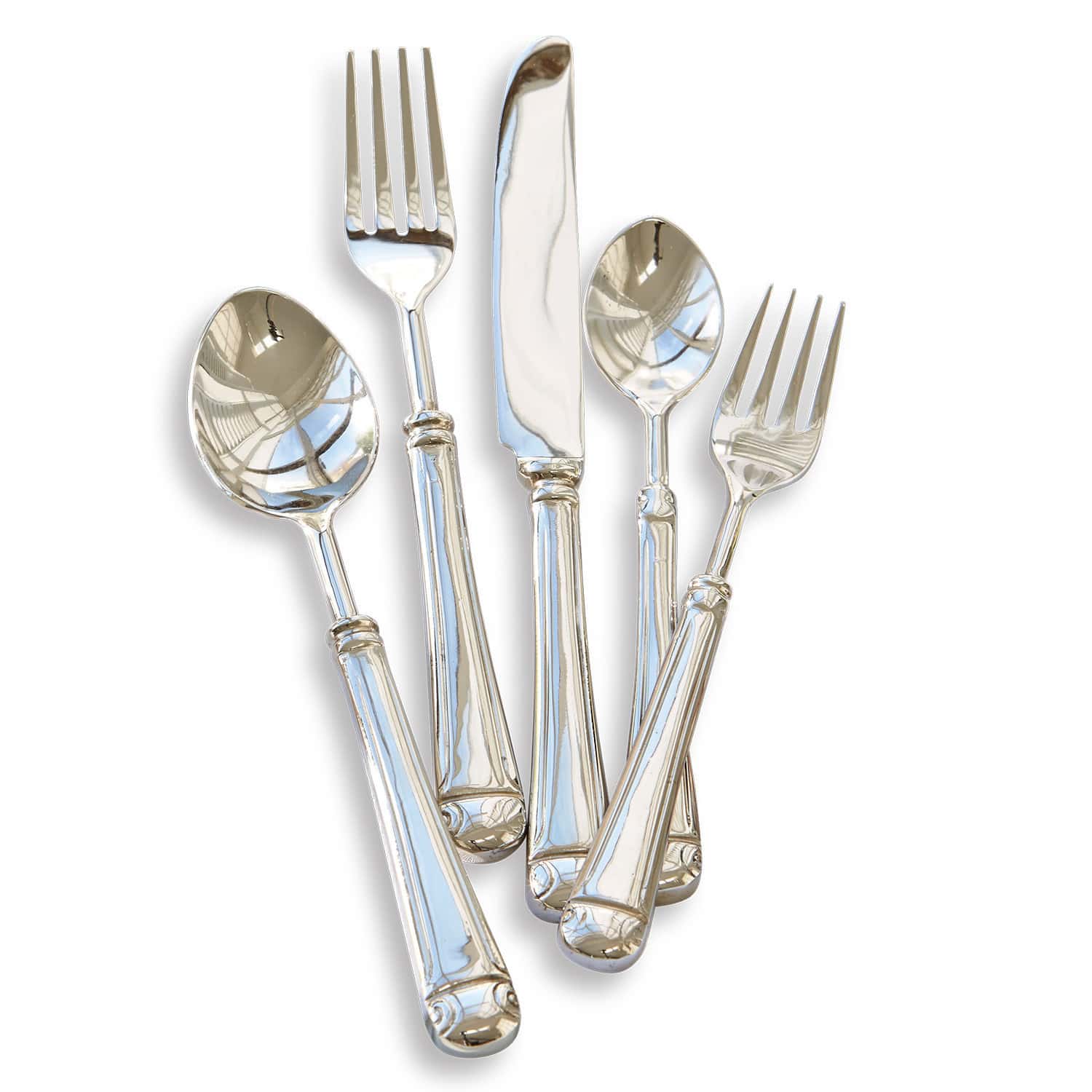 Besteck Eriat Set aus silberfarbenem Edelstahlbesteck auf weissem Hintergrund, elegante Küchenutensilien