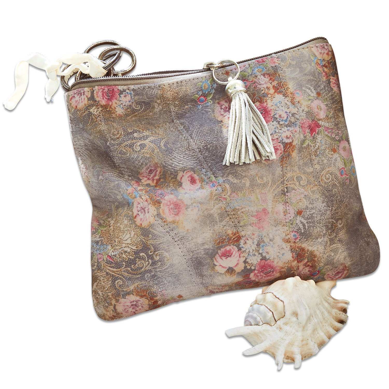 Täschchen Ottilie Wildledertasche in Beige-Braun mit floralem Muster, Quaste und Reissverschluss