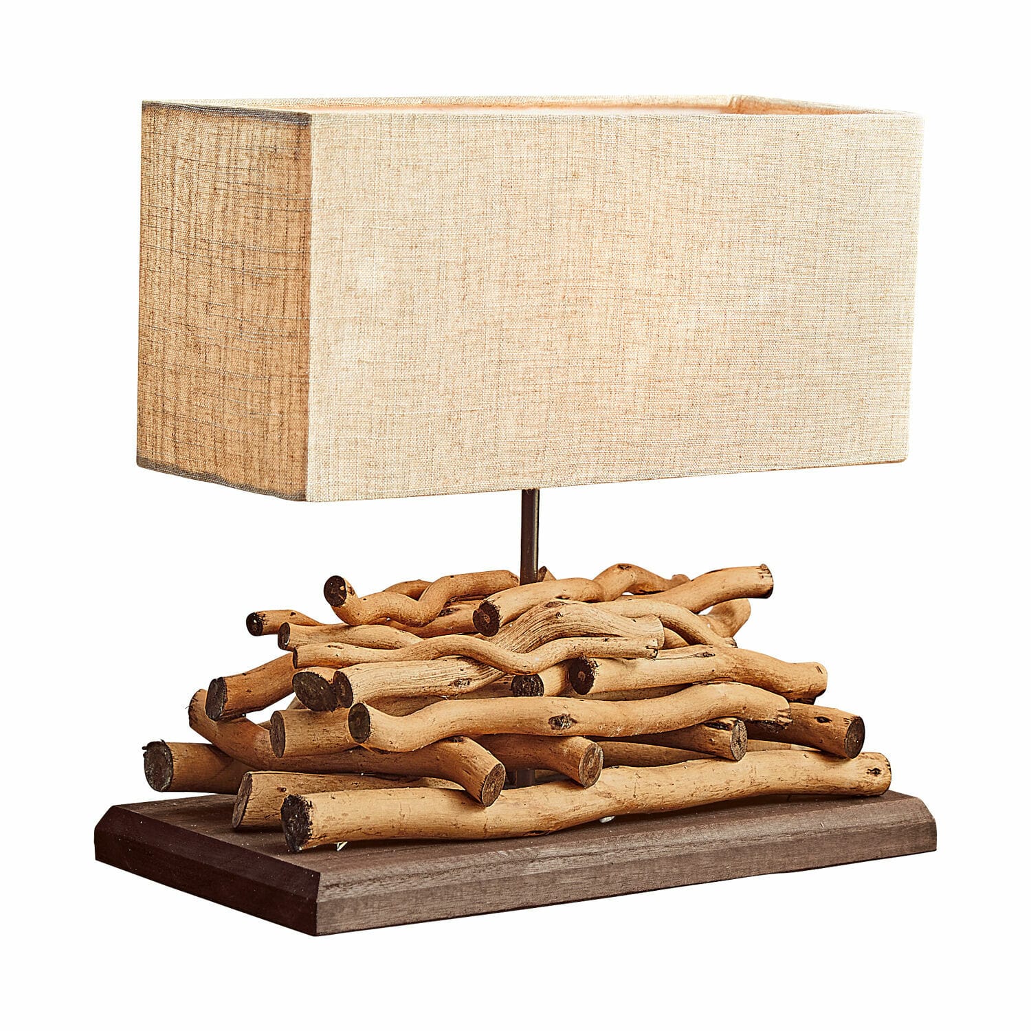 Tischlampe Caribou Tischlampe mit beigem Stoffschirm und natürlicher Holzbasis im rustikalen Stil