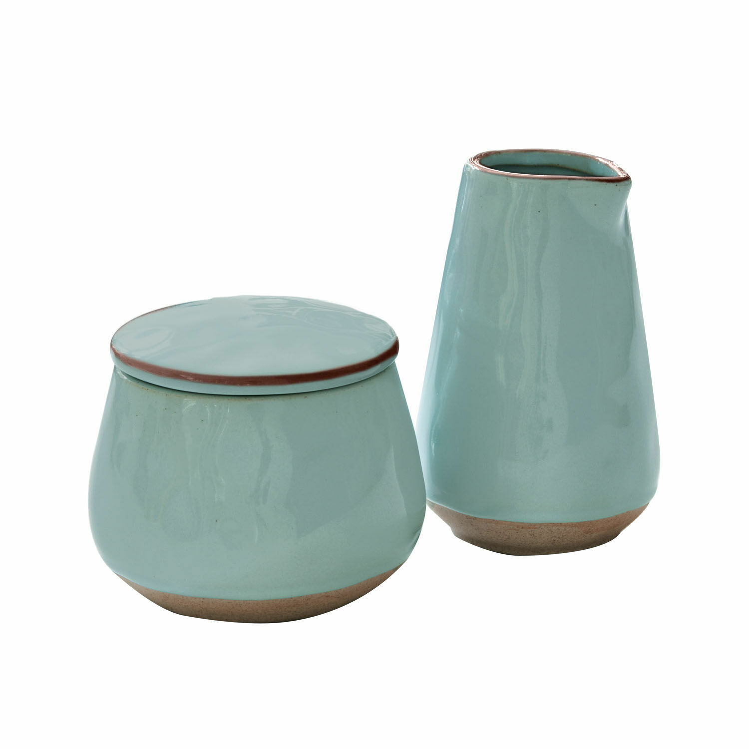 Türkisfarbene Keramik-Zuckerdose und Milchkännchen mit braunem Naturboden