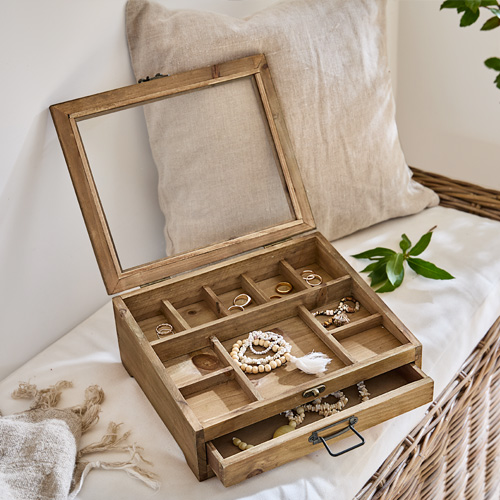 Holz-Schmuckkästchen mit Fächern und Schublade, naturfarben, Organizer für Ringe und Armbänder