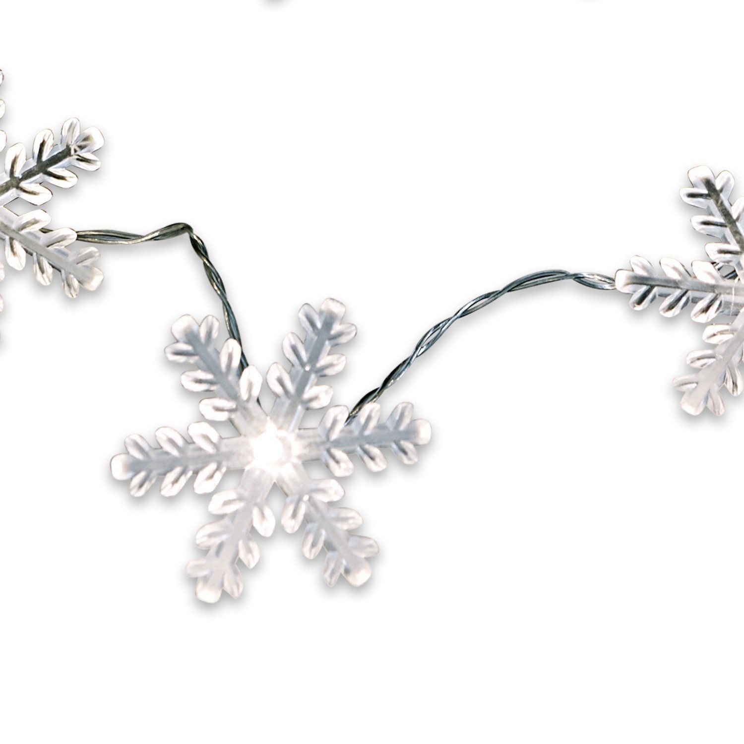 Lichterkette mit weissen Kunststoff-Schneeflocken für winterliche Weihnachtsdekoration