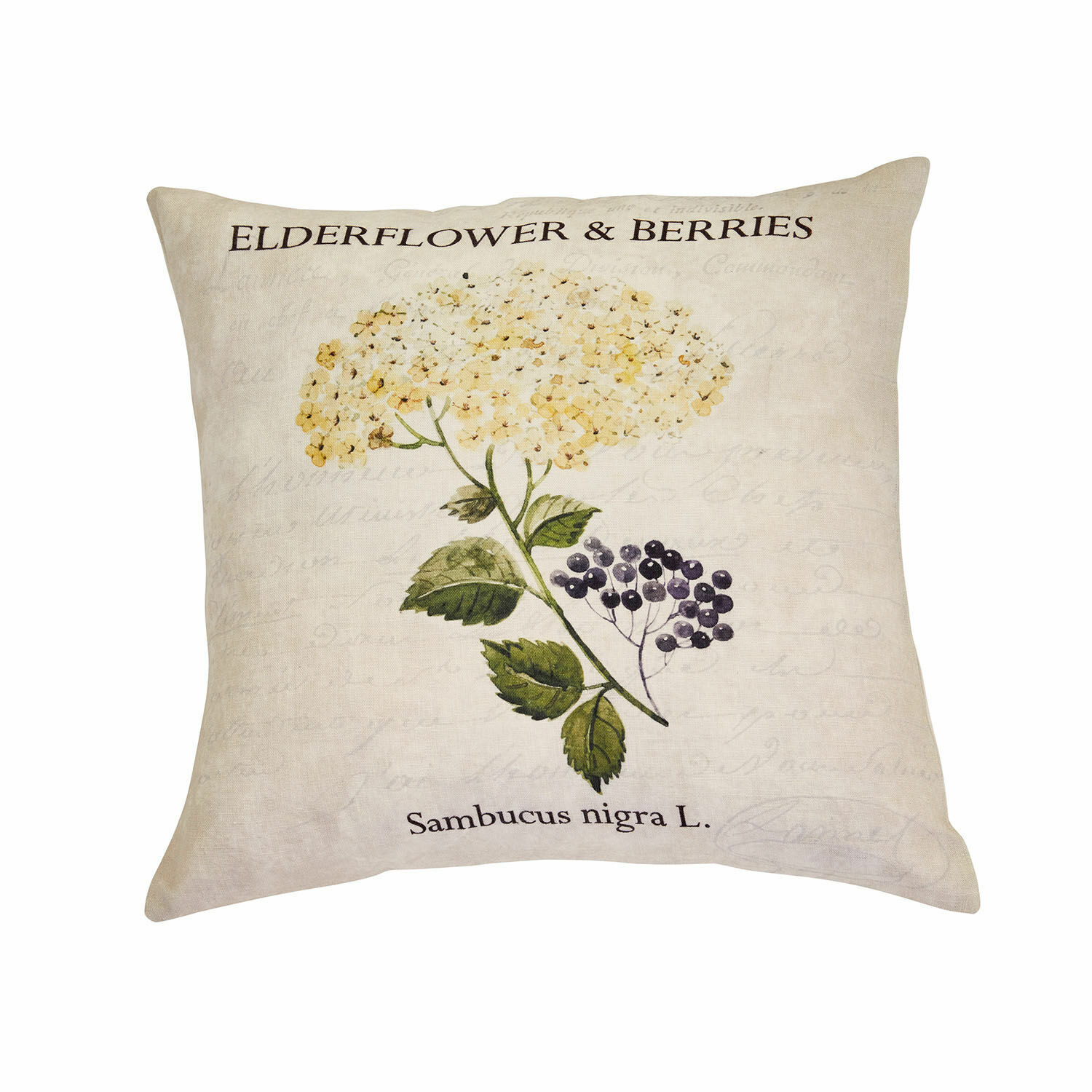 Kissenhülle Sambucus Beiges Leinenkissen mit Druck von Holunderblüten und Beeren, dekoratives Wohnaccessoire