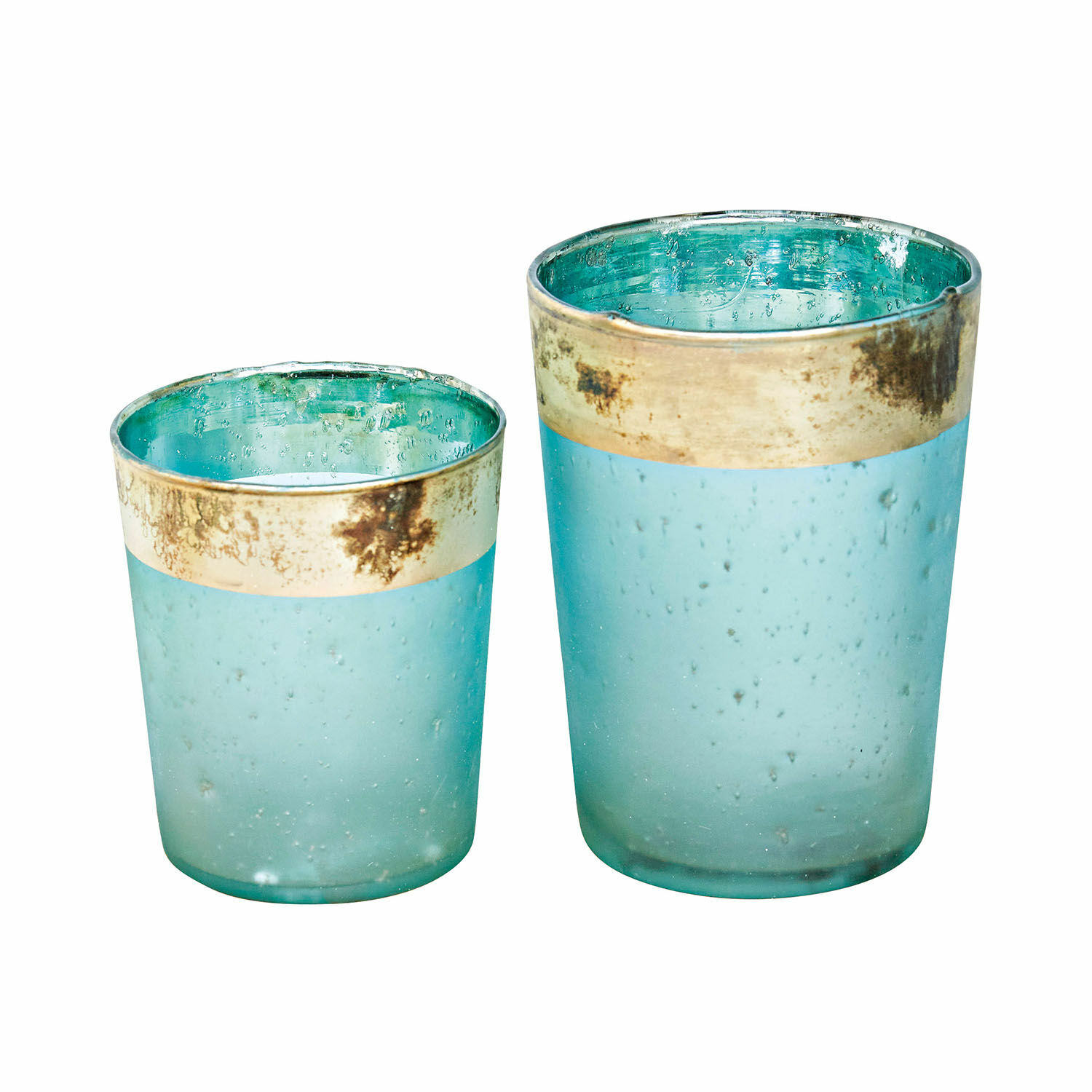Windlicht 2er Set Ewena Set aus zwei blauen Glas-Teelichthaltern mit goldfarbenem Metallrand, stilvolle Wohnaccessoires