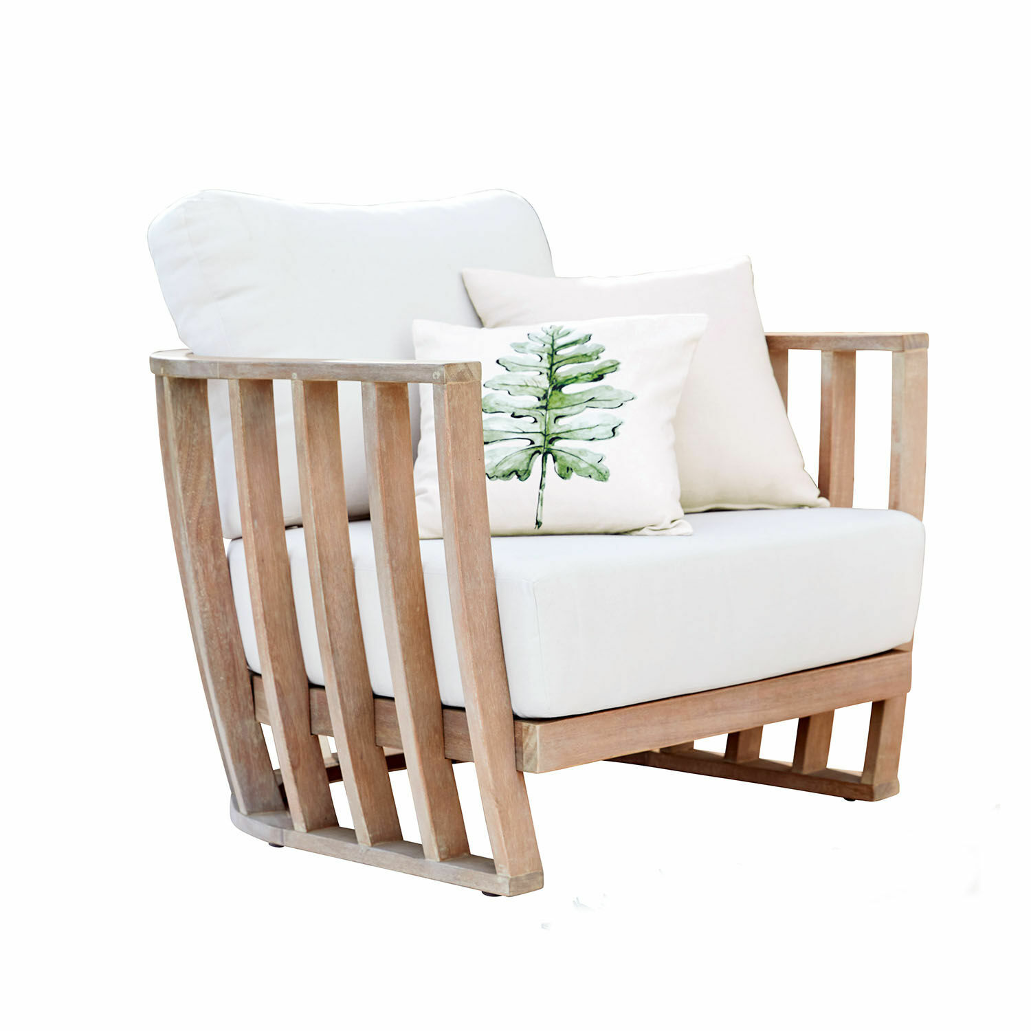 Sessel FSC®-100% Vézère Teakholz-Sessel mit weisser Polsterung und Kissen, moderner, bequemer Wohnzimmersessel