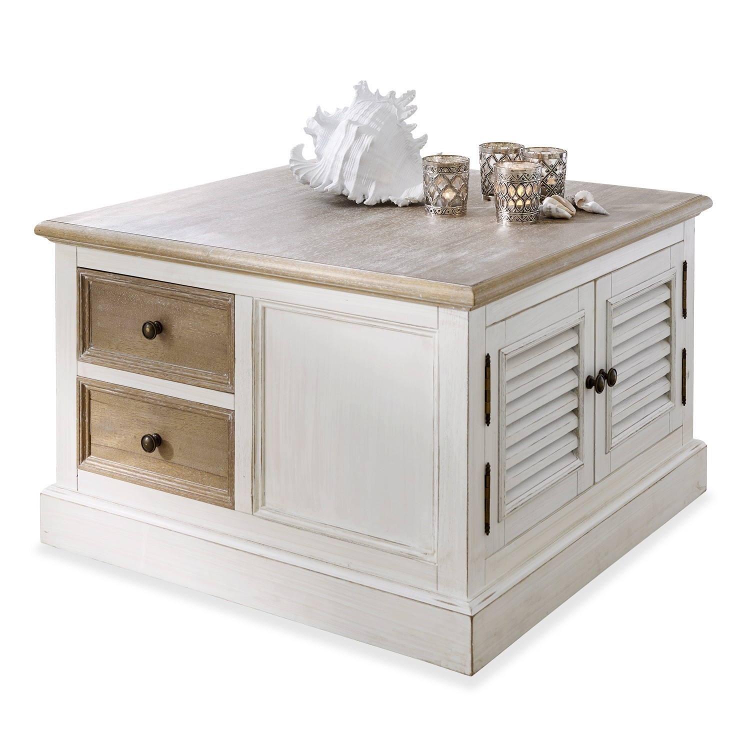 Couchtisch Cloverport Quadratischer Couchtisch aus Holz in Weiss und Naturtönen mit Schubladen und Dekorationen oben