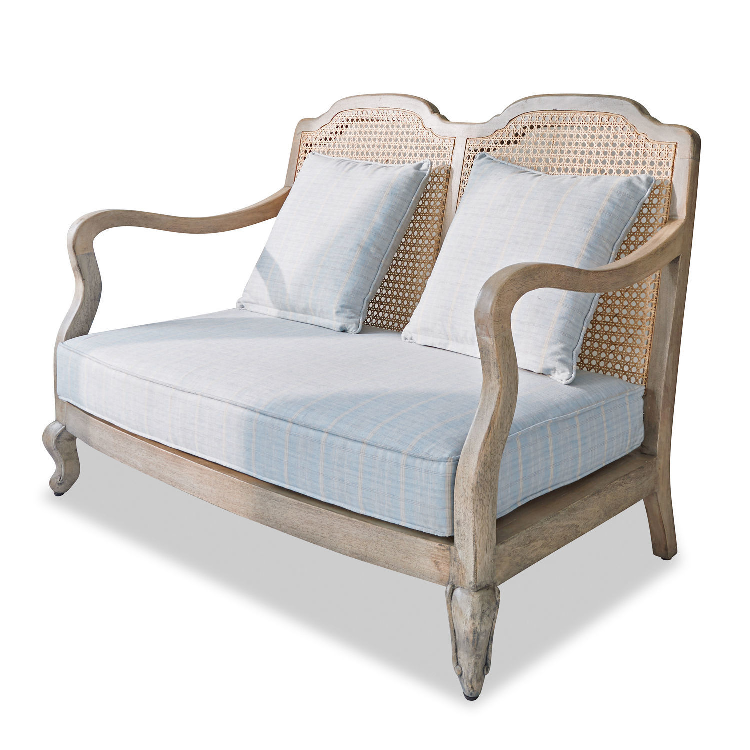 Sofa Ainsley Zweisitziges Sofa mit hellblauem Stoffbezug und Holzrahmen mit geflochtenem Rückenlehne