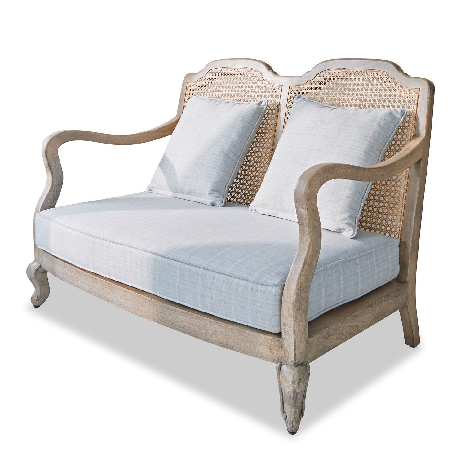 Sofa Ainsley Zweisitziges Sofa mit hellblauem Stoffbezug und Holzrahmen mit geflochtenem Rückenlehne
