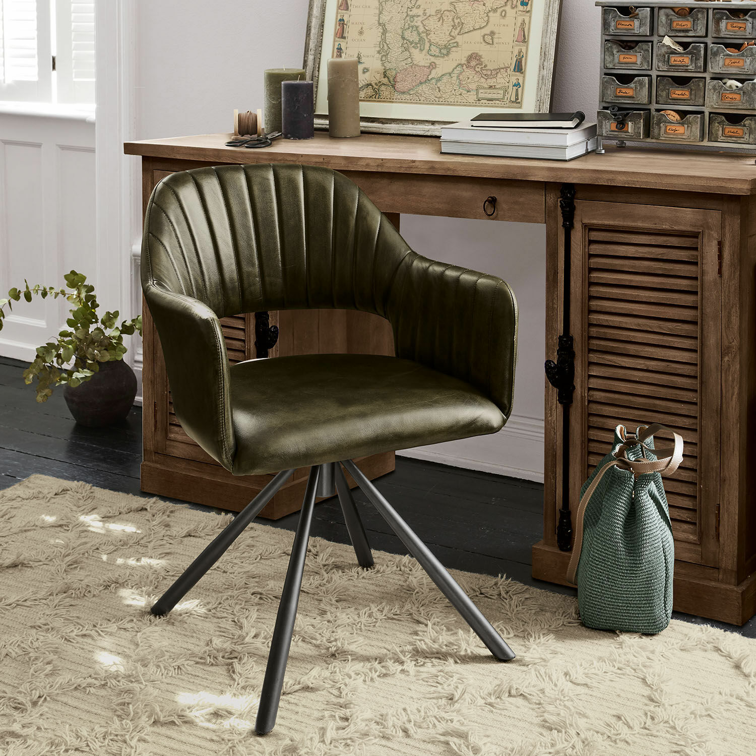 Stuhl Murtagh Drehstuhl aus grünem Kunstleder mit Metallbeinen im Vintage-Stil fürs Büro