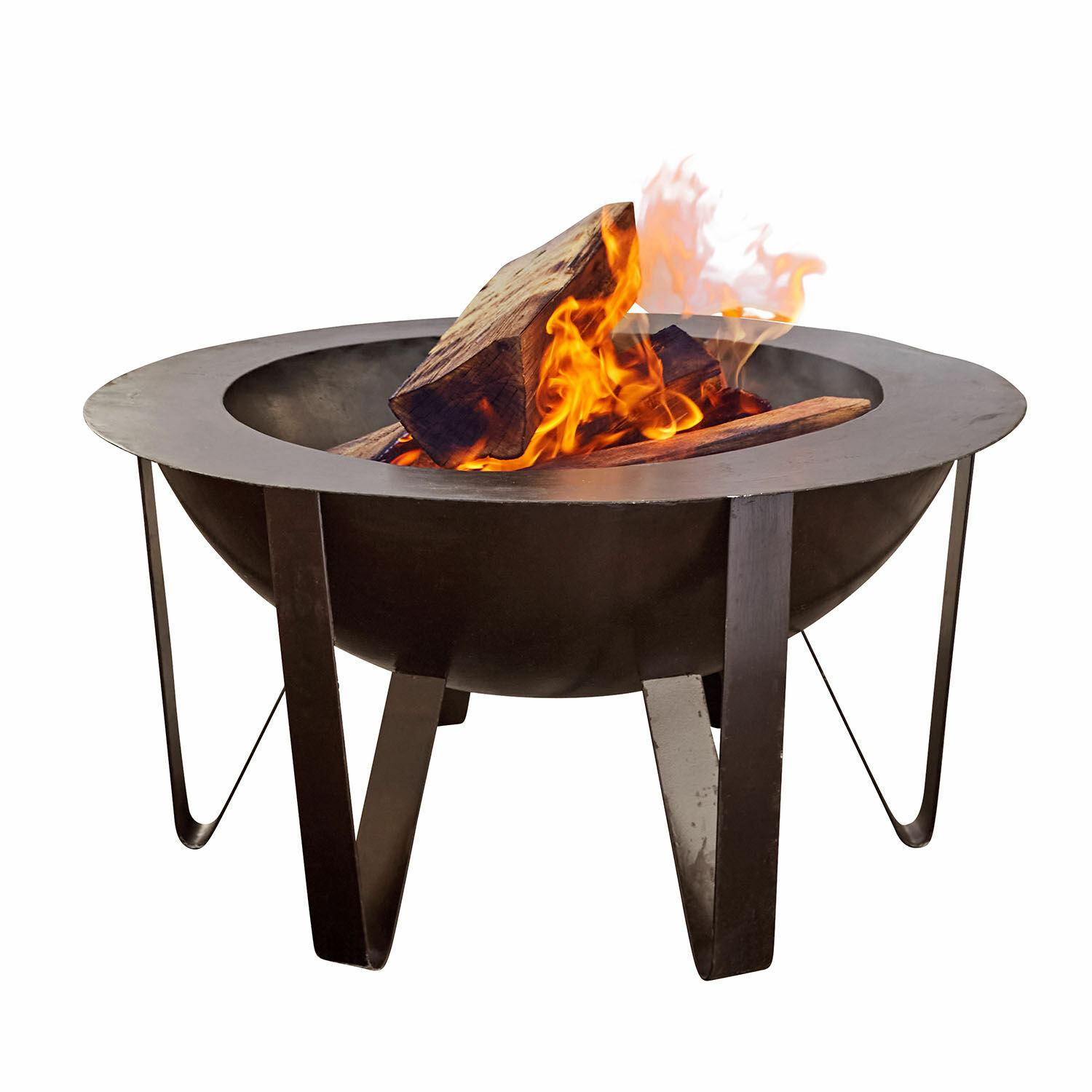 Feuerschale Lovis Schwarzer Metall-Feuerkorb mit Holz und Flammen für Garten- und Terrassenheizung