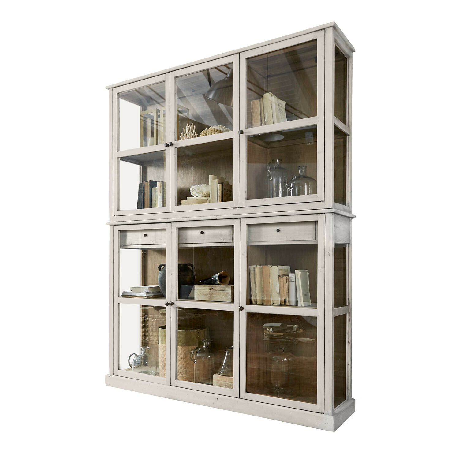Antikweisser Holzschrank Blaise mit Glastüren und Regalen für Bücher und Dekorationen