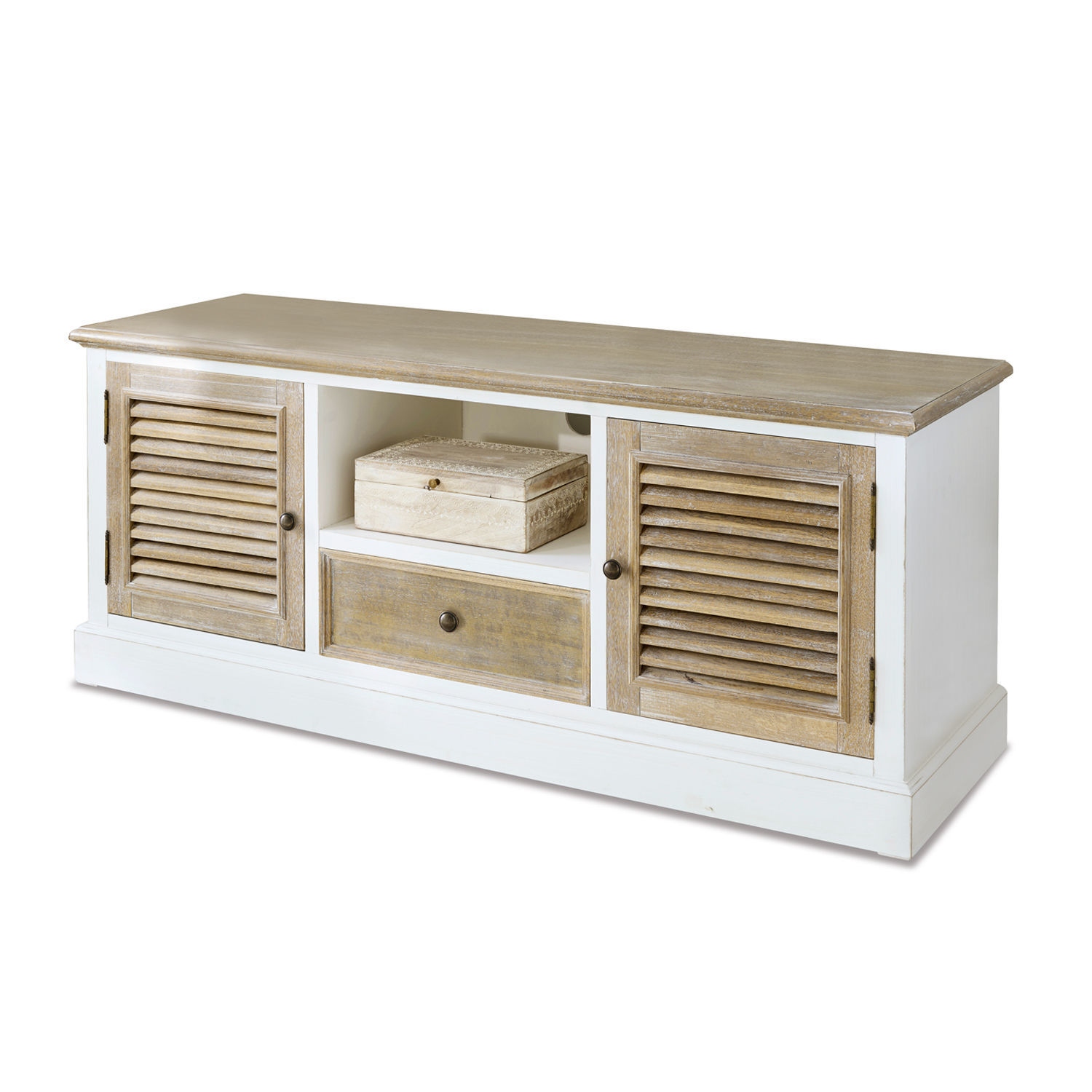Sideboard Glencoe Kommode aus Holz in Weiss und Natur mit Schublade und zwei Lamellentüren, praktisches Aufbewahrungsmöbel