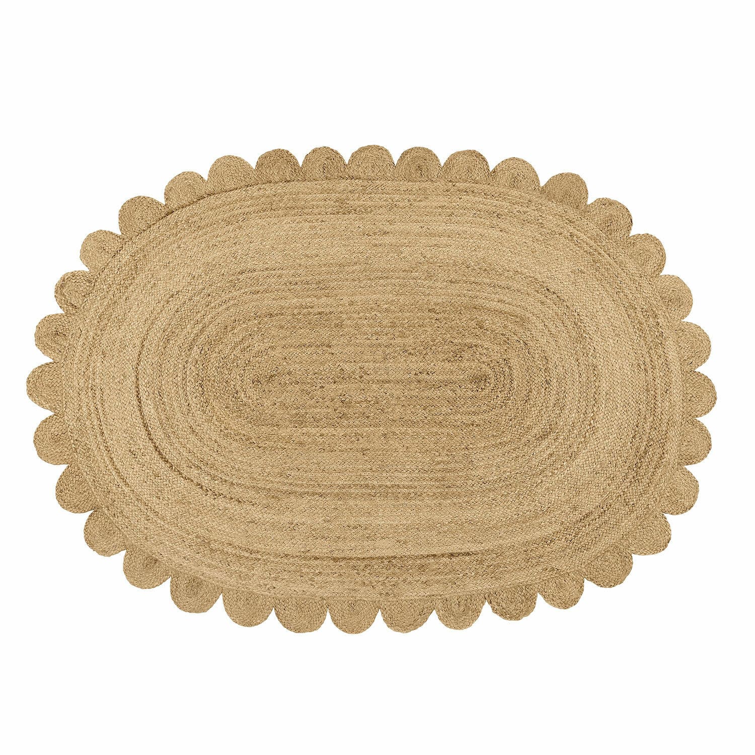 Teppich Ferce Ovaler Teppich aus Jute in Naturfarbe mit dekorativem wellenförmigem Rand, Wohnaccessoire