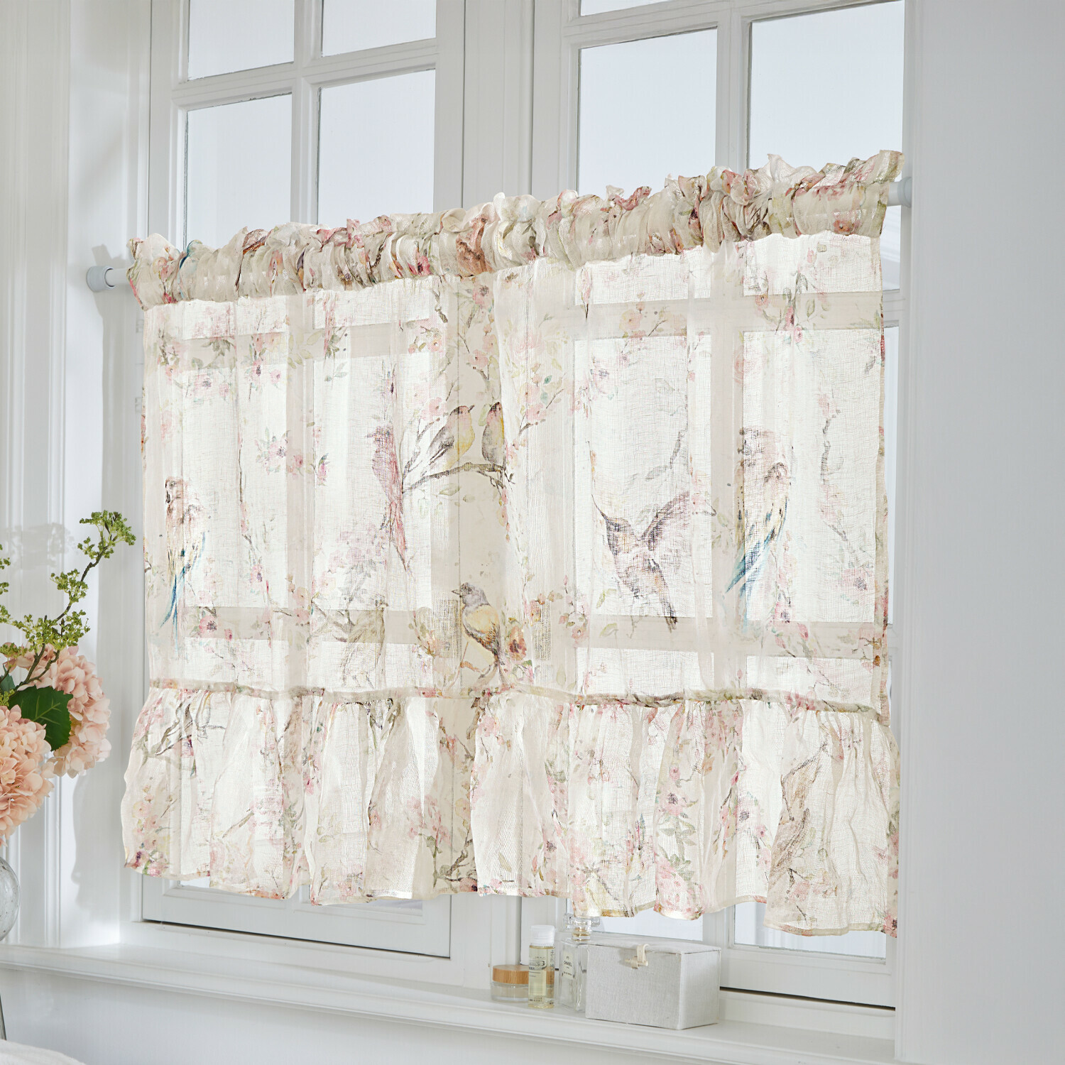 Scheibengardine Eronal Transparenter Vorhang aus leichtem Stoff in Creme mit Vogel- und Blumenmuster für Wohnzimmer