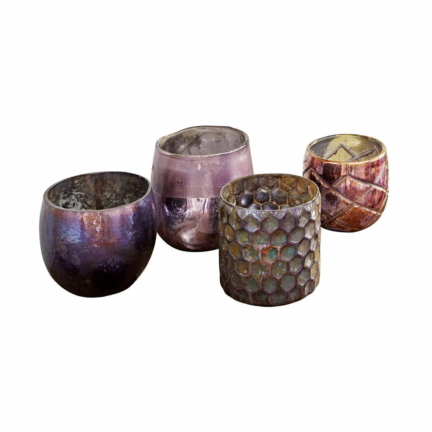 lila 4-teiliges Windlicht-Set aus violettem Glas mit verschiedenen Strukturen, dekorative Beleuchtung