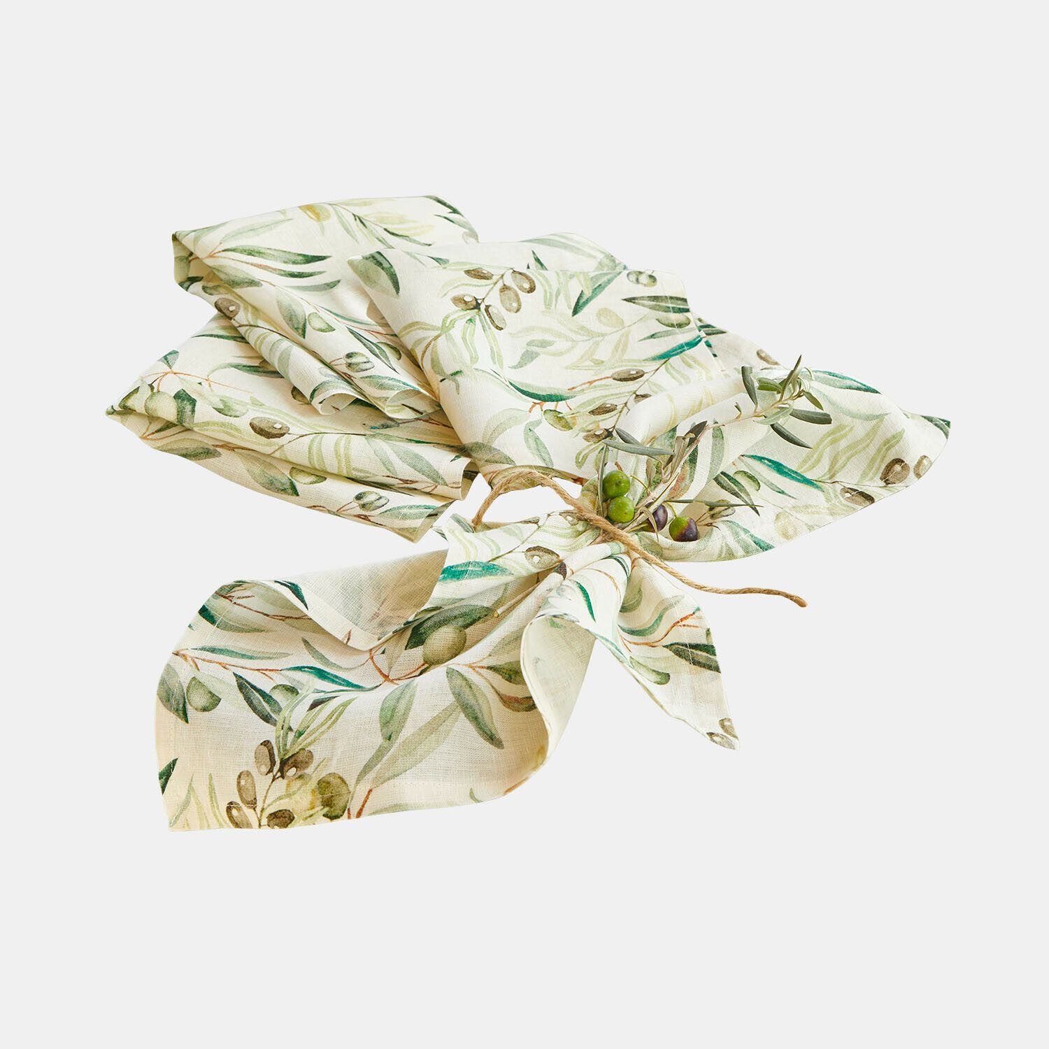 Leinenserviette in Creme mit grünem Olivenmuster, dekorativ für den Tisch