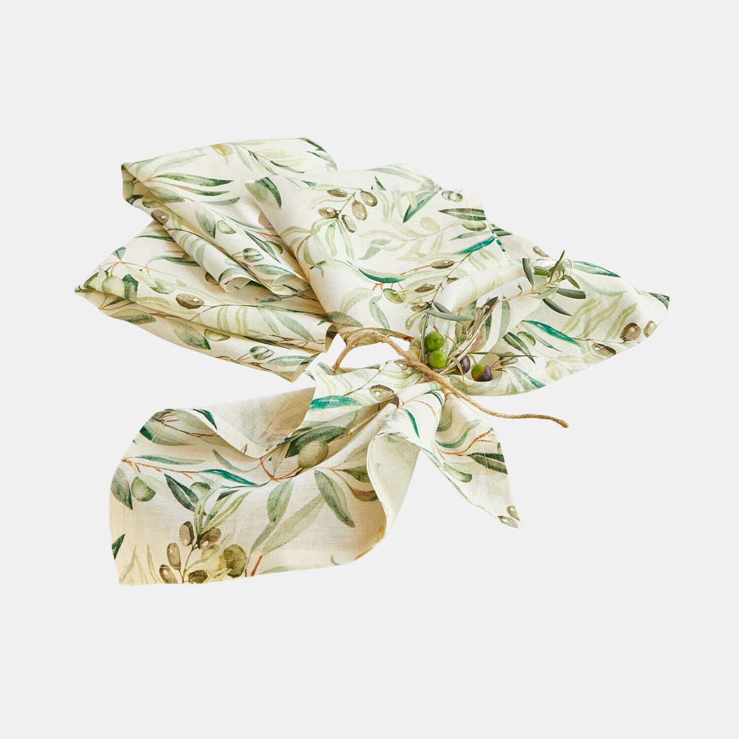 Serviette 4er Set Nolaria Leinenserviette in Creme mit grünem Olivenmuster, dekorativ für den Tisch