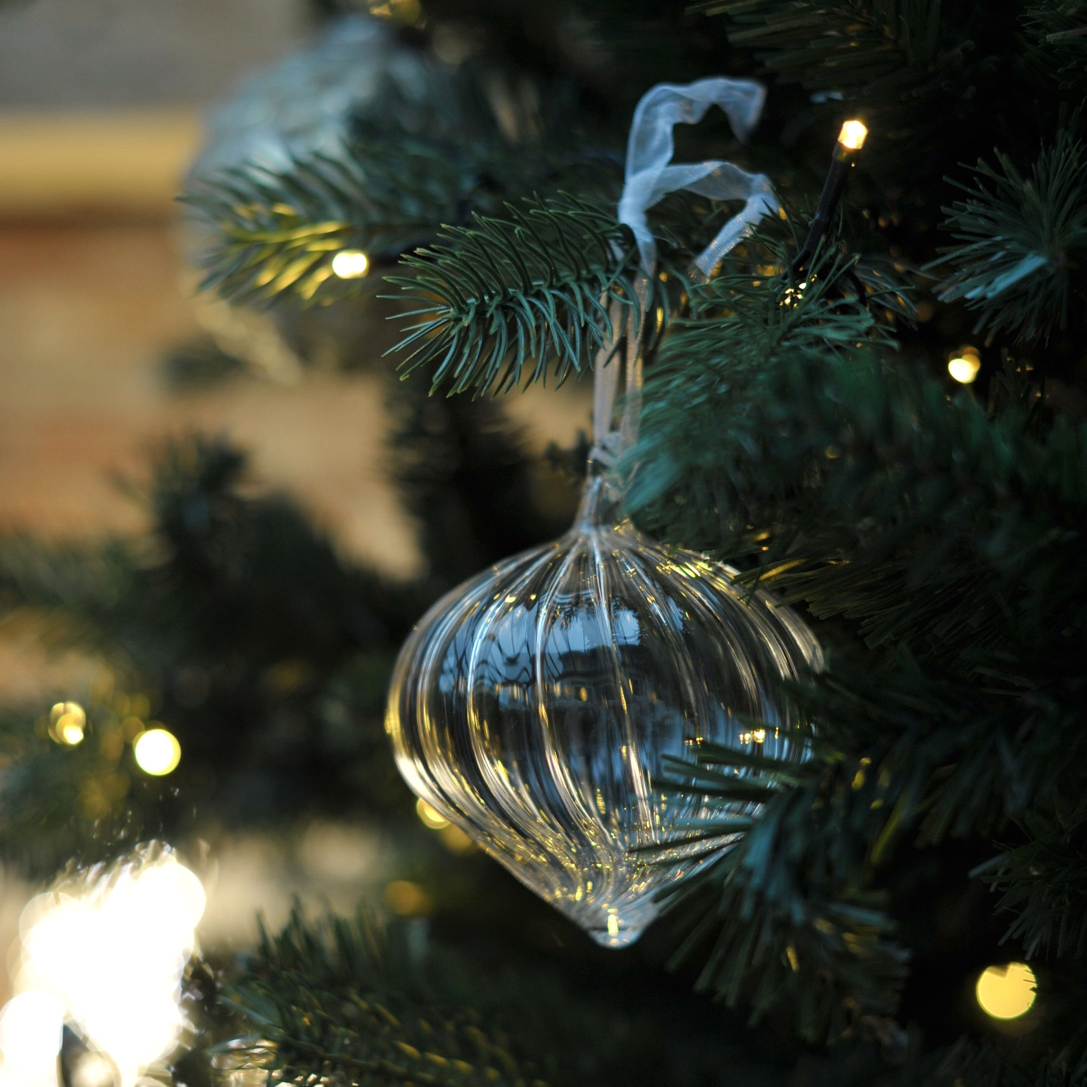 Transparenter Glasschmuck in Zwiebel-Form an einem grünen Tannenzweig mit Lichterkette