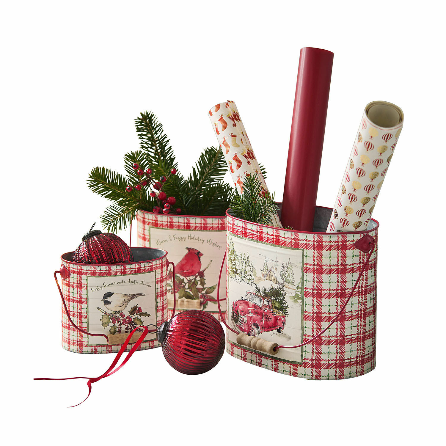 Übertopf 3er Set Fuzzy Drei rot-weiss karierte Metallbehälter mit Weihnachtsmotiven und festlicher Dekoration aus Tannenzweigen