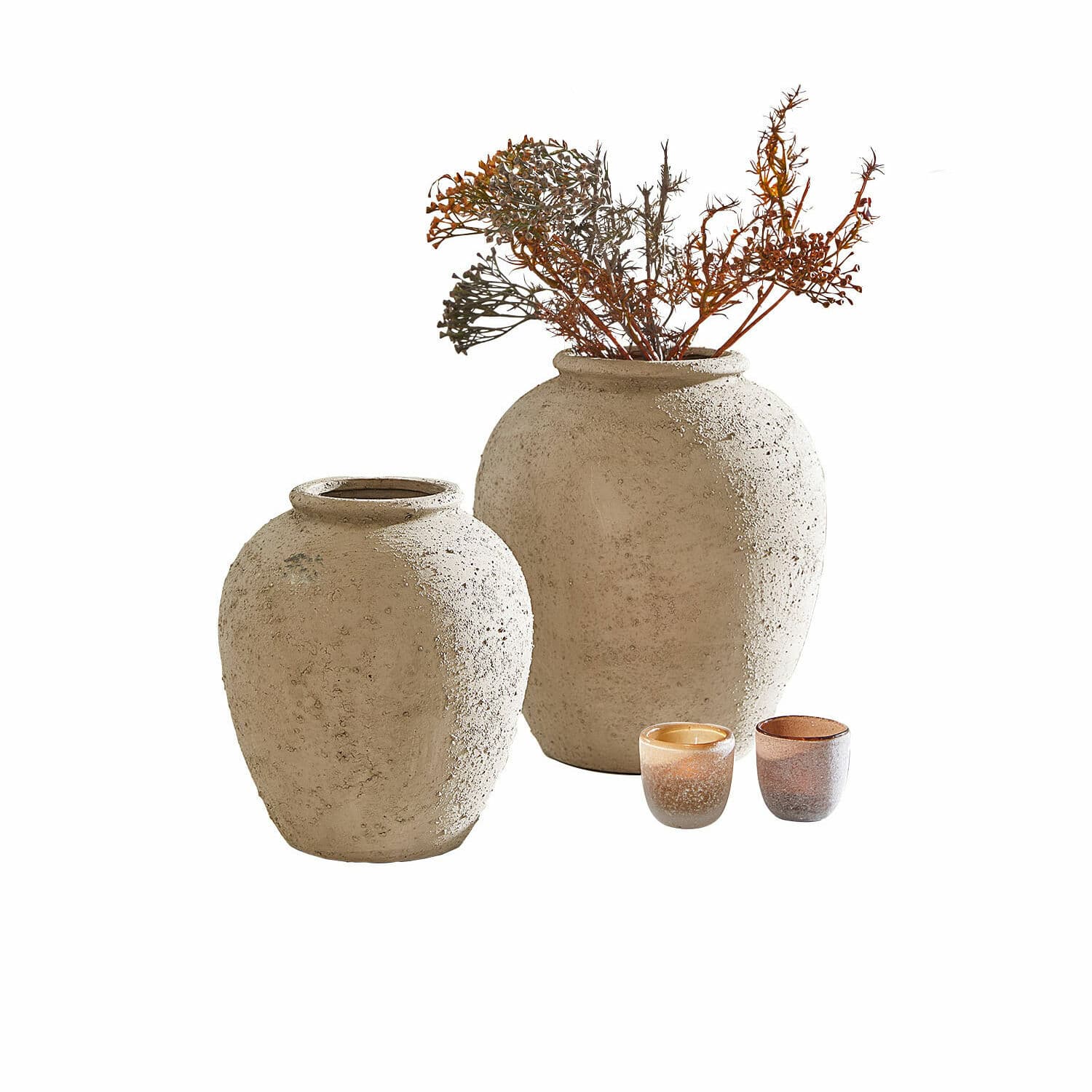 Vase 2er Set Zaviro Set mit zwei beigen, strukturierten Keramikvasen und zwei kleinen dekorativen Teelichthaltern
