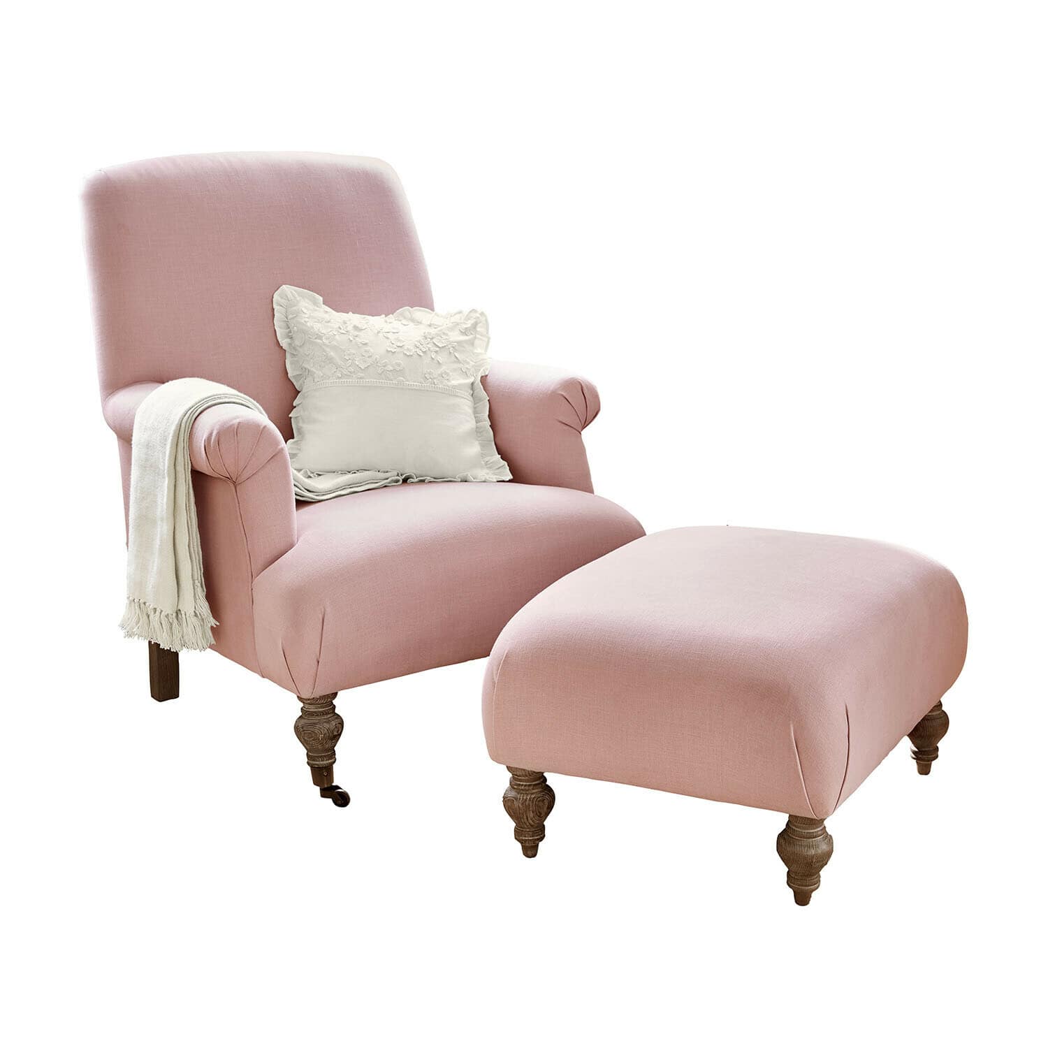 Sessel mit Hocker Rose de Lumière Rosa Sessel mit Hocker aus Stoff und weissem Zierkissen auf gedrechselten Holzbeinen