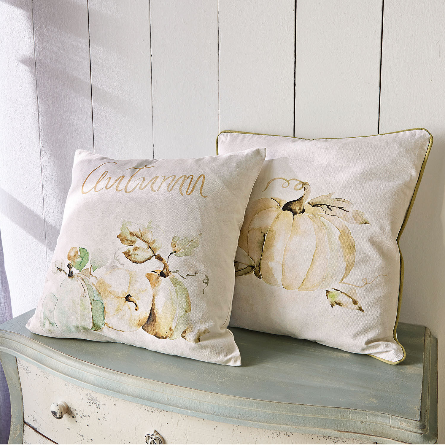 Kissenhülle 2er Set Laubard Dekorative Baumwollkissen in Creme mit Kürbis-Motiv und Schriftzug «autumn» für Herbstdekoration
