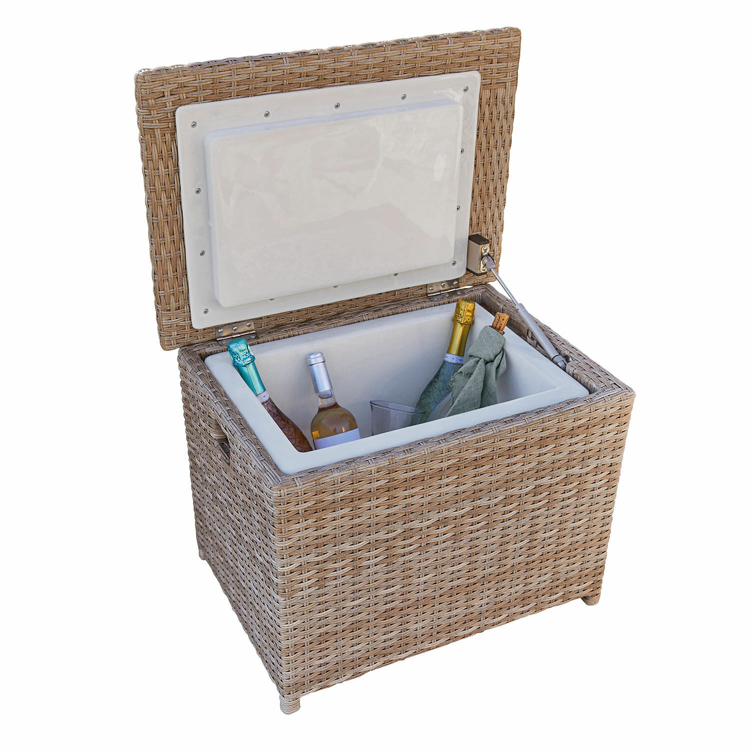 Kühlbox Karamea Kühlbox aus natürlichem Rattan mit weissem Innenfutter und Flaschen zur Getränkekühlung