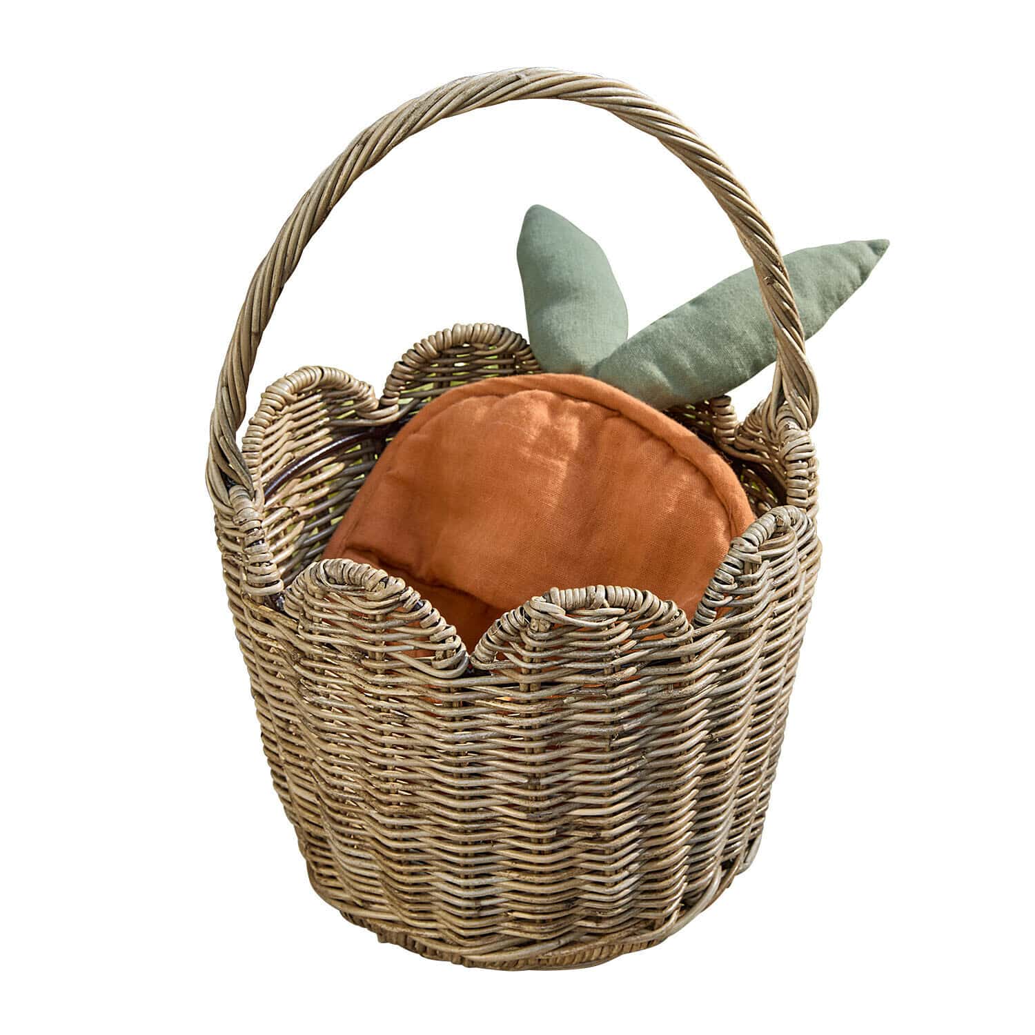 Korb Whimsywood Weidenkorb mit Henkel und Karottenkissen in Orange und Grün aus Stoff