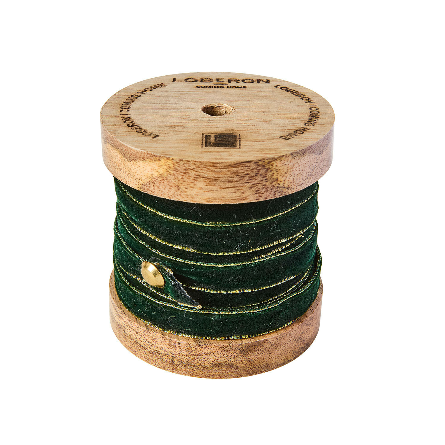 dunkelgrün/gold Dunkelgrüenes Samtband Sorima mit goldener Kante auf Holzspule für Dekoration und Basteln