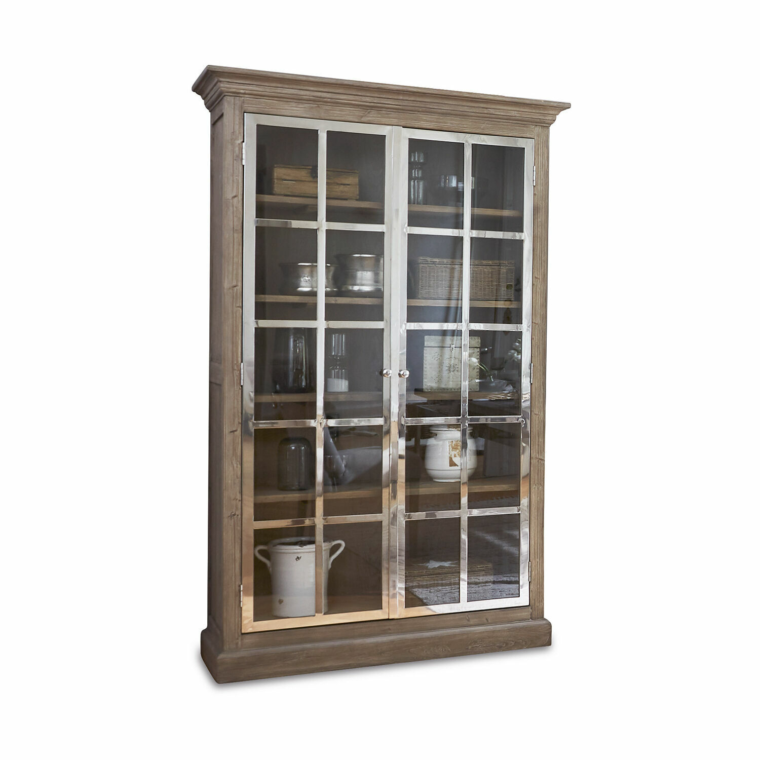 Schrank Keyport Vitrine aus Holz mit Glastüren und Metallrahmen, naturfarben, elegantes Aufbewahrungsmöbel für das Wohnzimmer