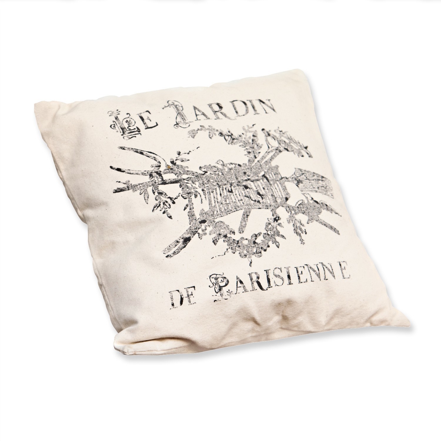 Kissen Le jardin Beiges Dekokissen aus Baumwolle mit schwarzem Gartenmotiv und französischem Schriftzug
