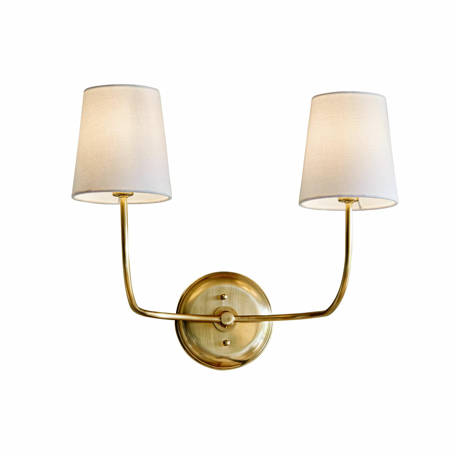 Wandlampe Plainfield Doppel-Wandleuchte aus Messing mit weissen Stofflampenschirmen für stilvolle Wandbeleuchtung