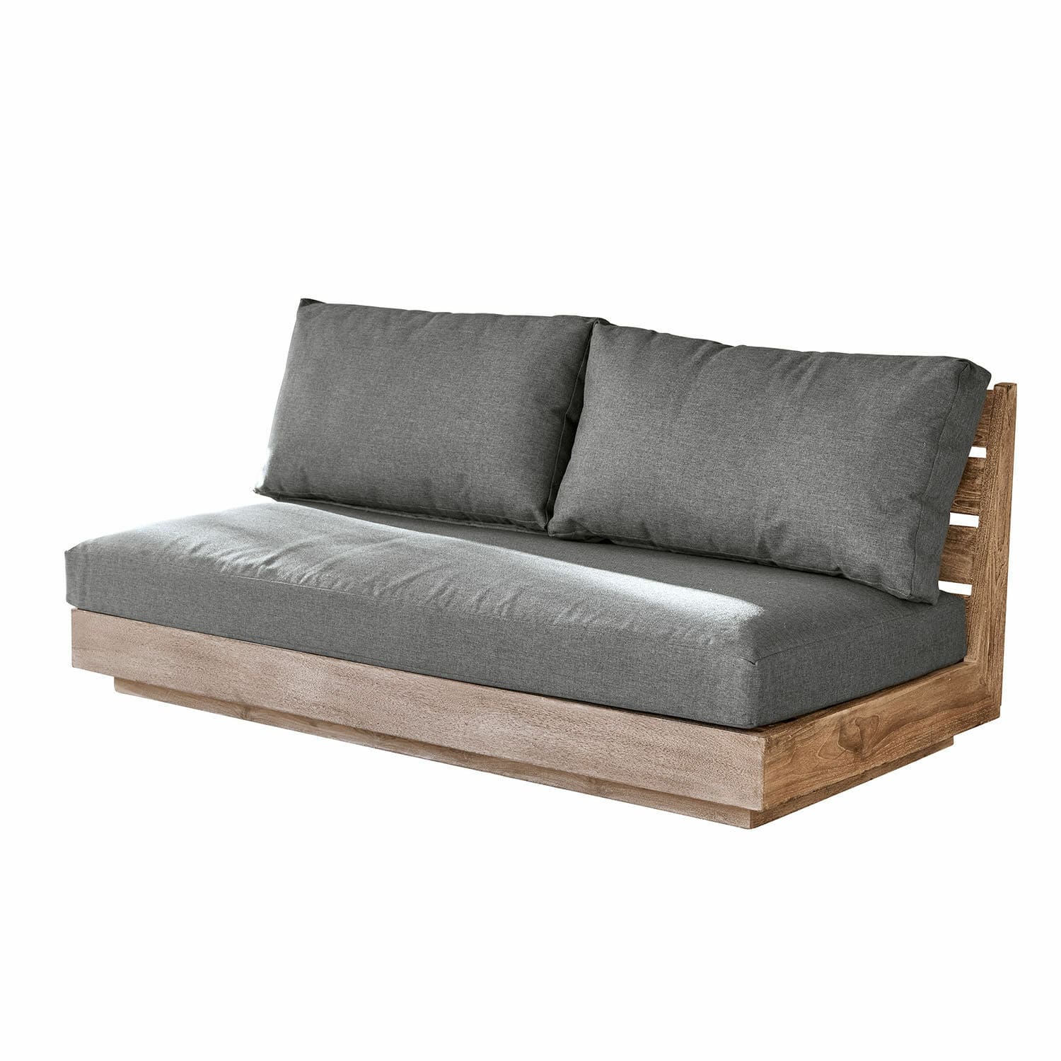 Sofa mit Holzrahmen und grauen Kissen, modernes Wohnzimmermöbel für gemütliche Sitzgelegenheiten