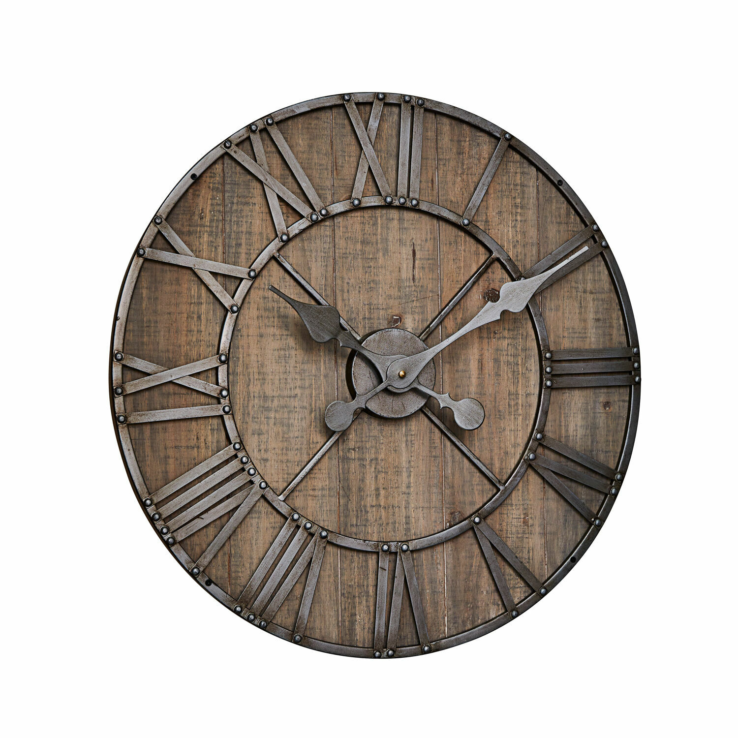 Uhr Caldwell Grosse Wanduhr aus Holz und Metall im Vintage-Stil mit römischen Ziffern und schwarzen Zeigern