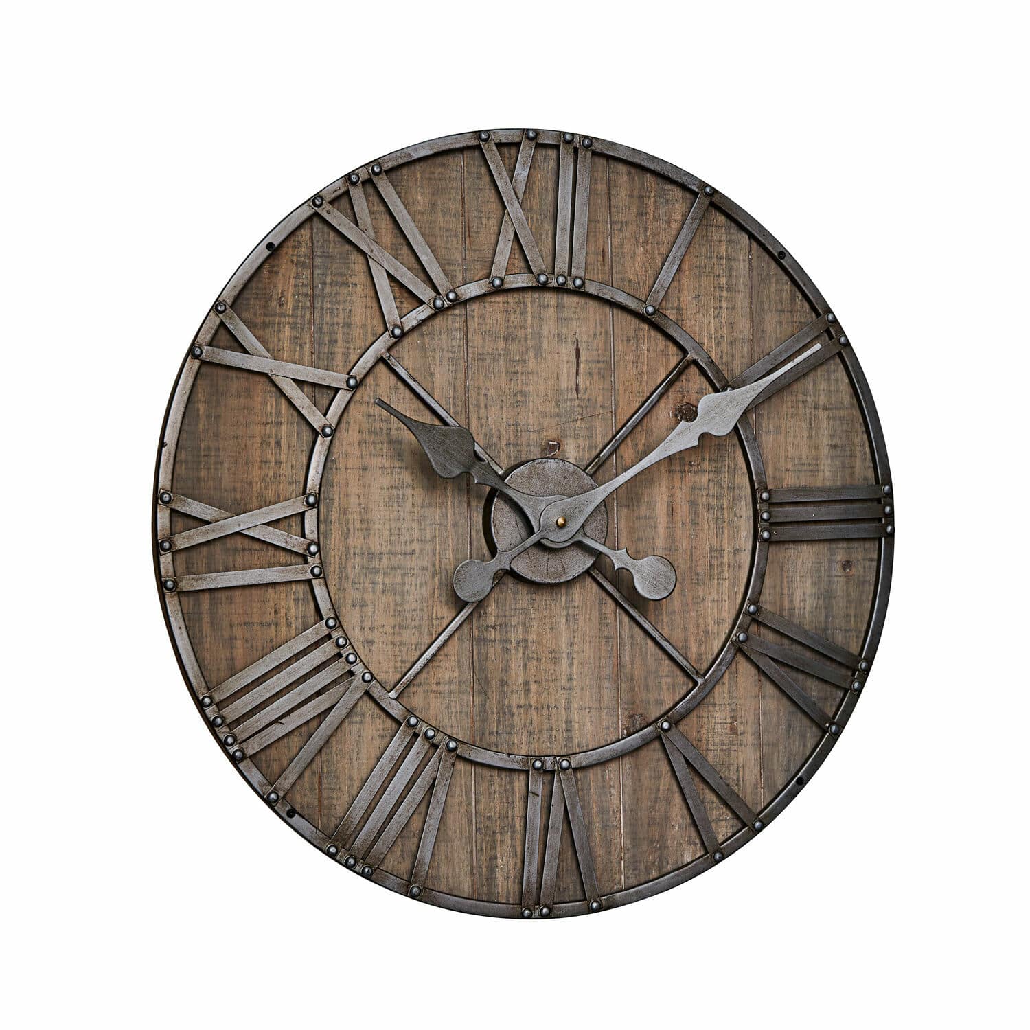 Uhr Caldwell Grosse Wanduhr aus Holz und Metall im Vintage-Stil mit römischen Ziffern und schwarzen Zeigern