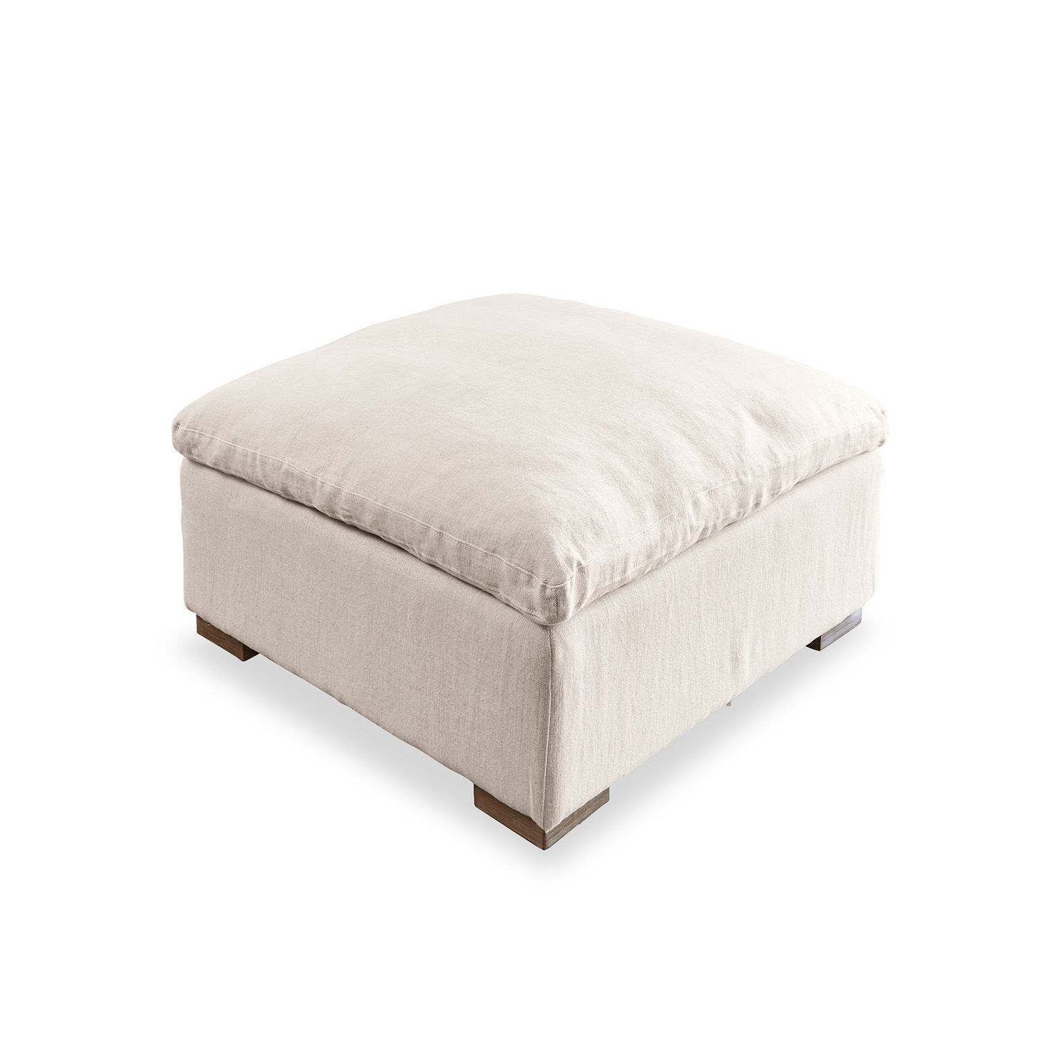 Hocker Bennington Quadratischer Hocker aus hellbeigem Leinen mit Holzfüssen für ein gemütliches Wohnzimmer