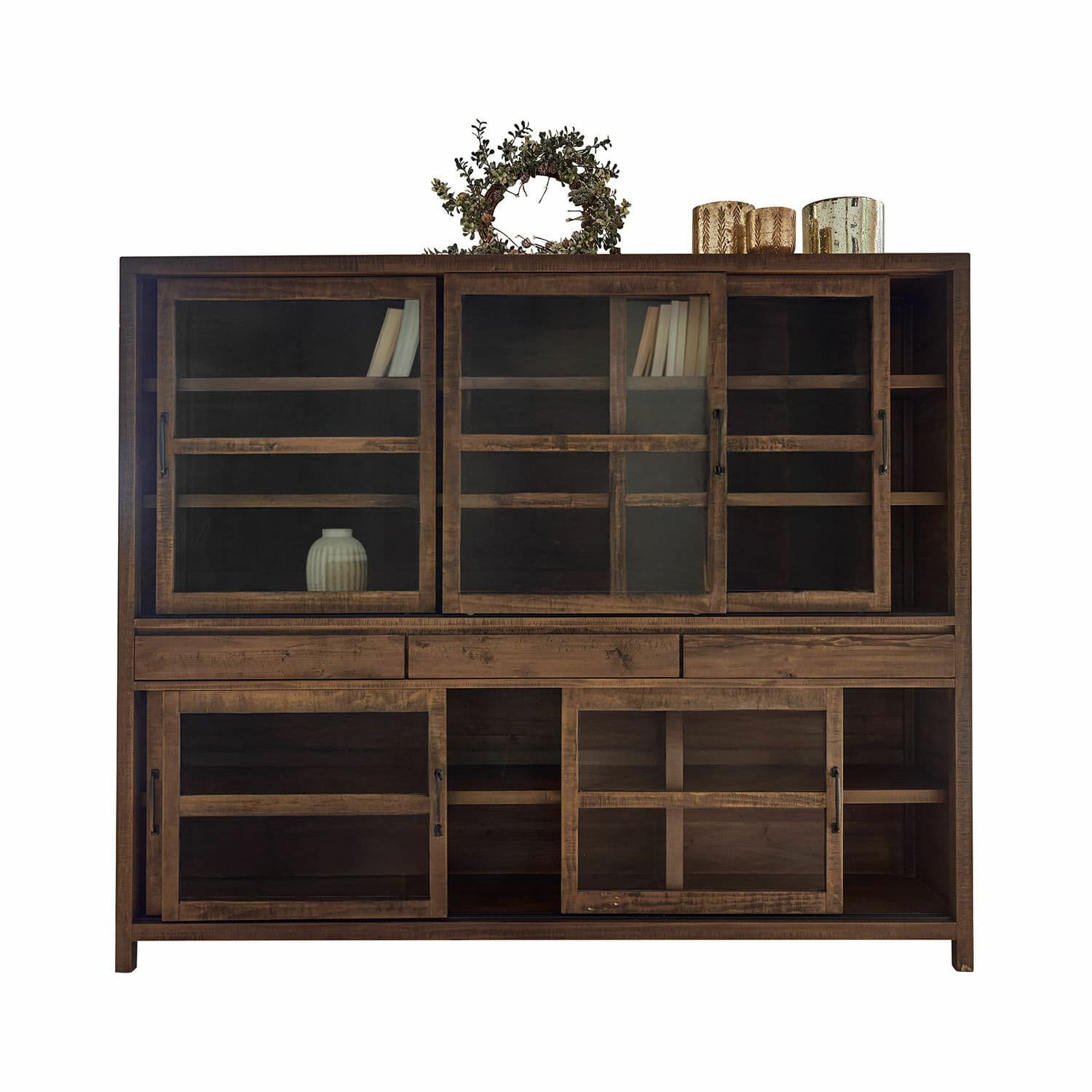 Schrank Whitborne Großer brauner Holzvitrinenschrank mit Glastüren und Regalen, Wohnzimmermöbel