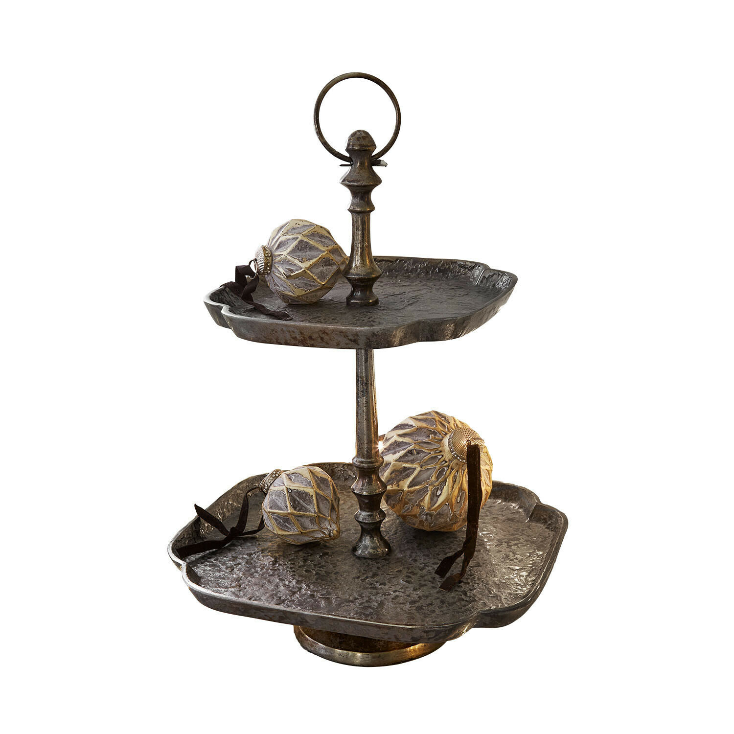 Etagere Lazmina Zweistöckige Metall-Etagere in antik-silberner Optik mit dekorativen Kugeln, elegantes Tischaccessoire