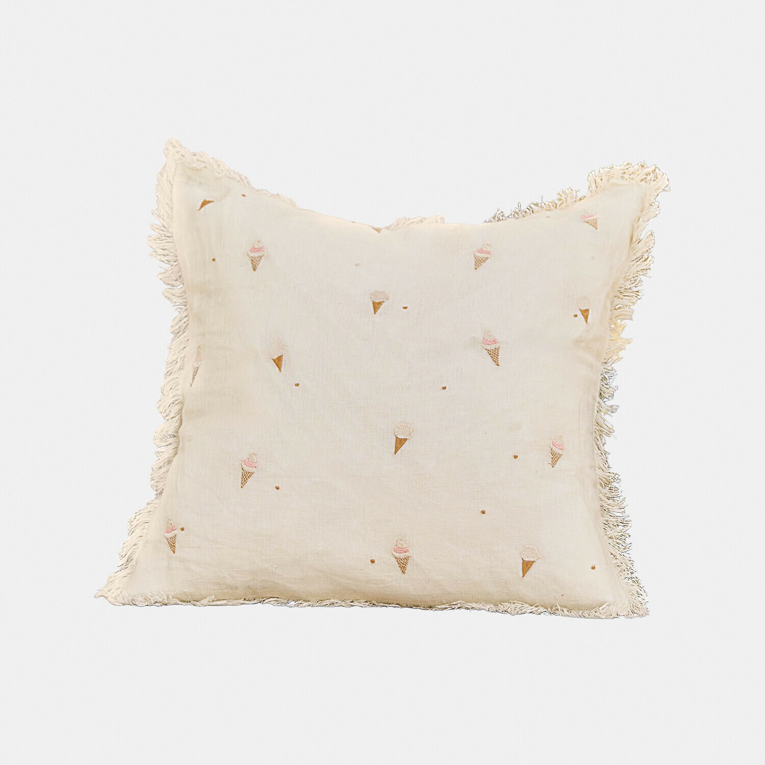 Kissenhülle Toffelis Beiges Leinenkissen mit Fransen und pastellfarbenen Eishörnchen-Stickereien, Wohnaccessoire