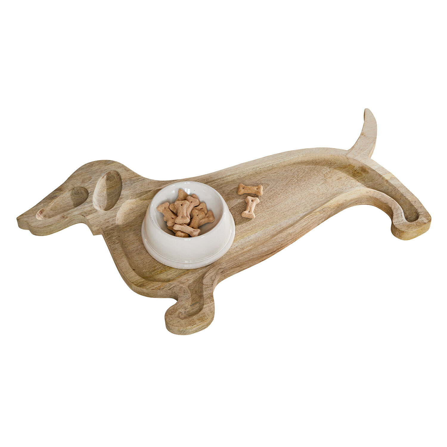 Futternapfunterlage Brisette Holzbrett in Hundeform mit weisser Schale und Hundekeksen als Futterstation