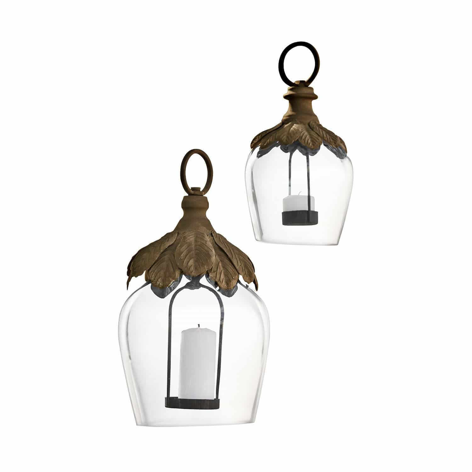 Hängelaterne 2er Set Tourillan Glaslaterne mit weisser Kerze und messingfarbenem Blätterkranz, dekorativer Wohn- und Gartenschmuck